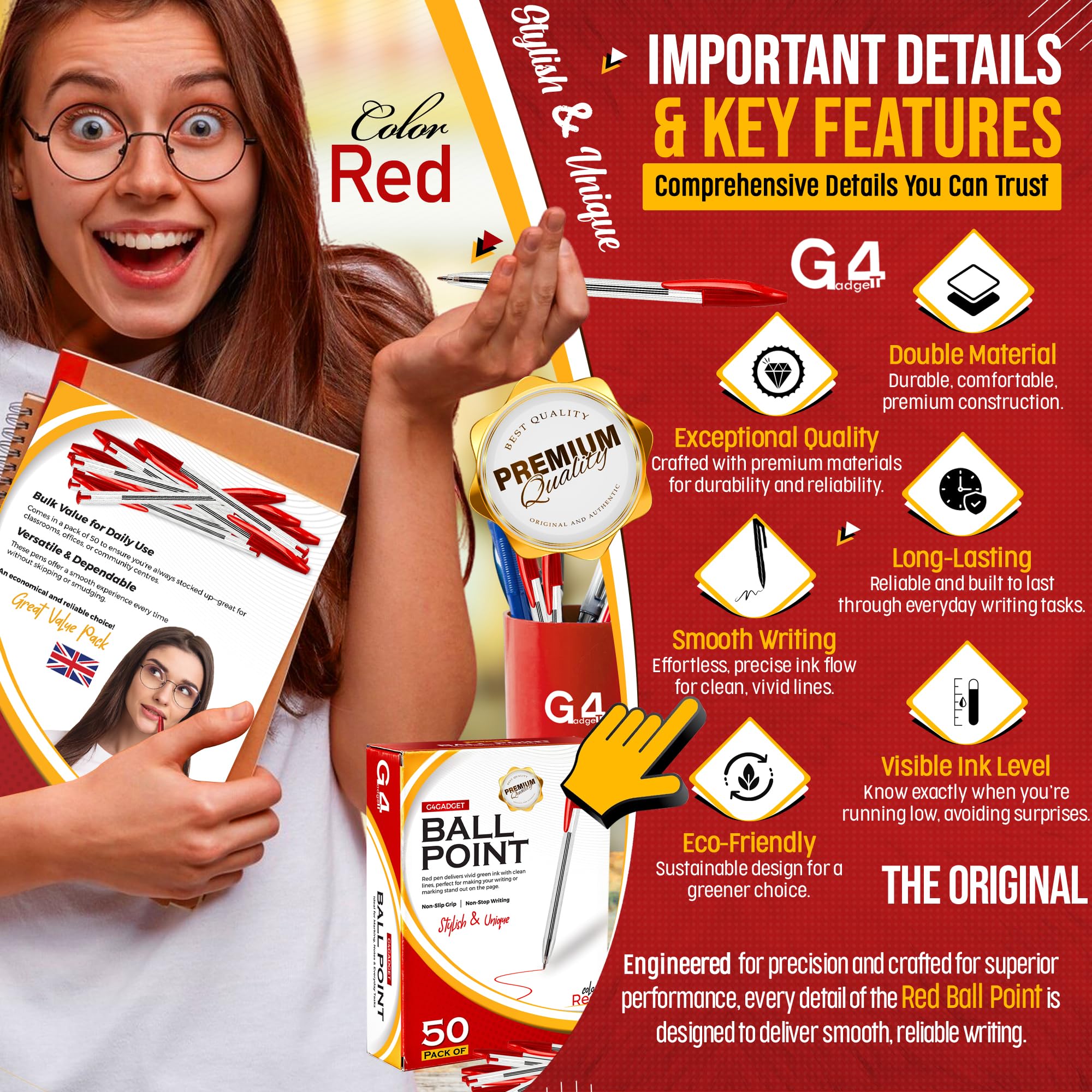 G4GADGET 50 Pack Stick Ballpoint Pens - Bold Red Ink, Medium Point, Lightweight | 0.5mm-0.7mm Line 2