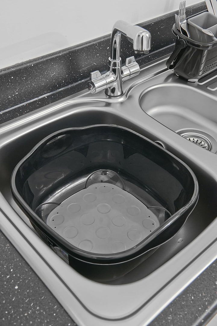 Addis Soft Touch Washing Up Bowl - 9L Twin Material Dish Basin with Carry Handles, Black/Grey