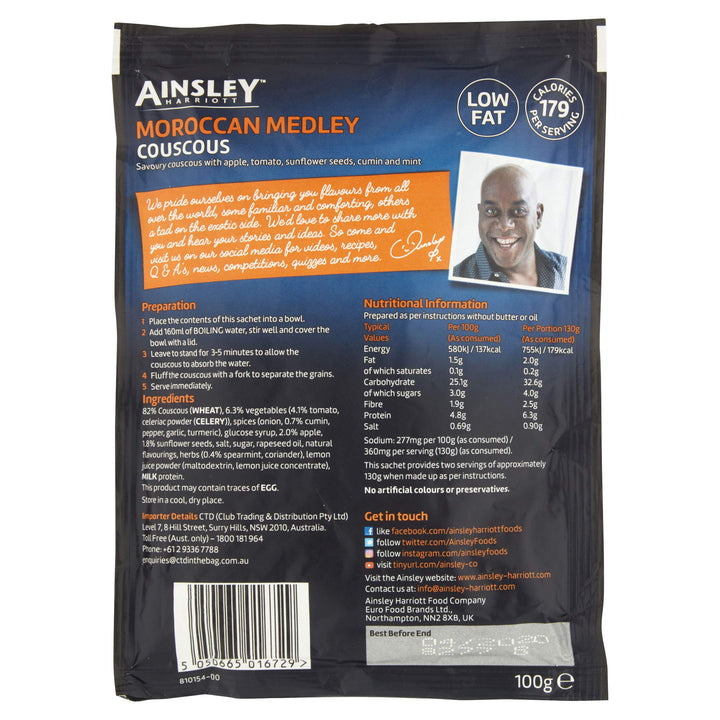 Ainsley Harriott Moroccan Medley Couscous - Savoury Flavoured Instant Couscous, 100g, Pack of 12