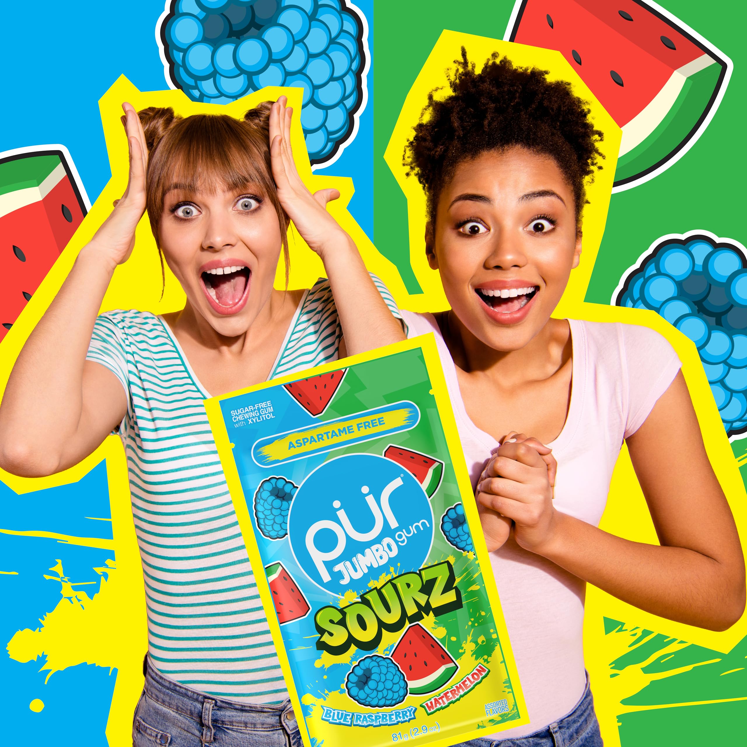 PUR Gum JUMBO SOURZ - Aspartame Free, Xylitol Sweetened Chewing Gum | Blue Raspberry & Watermelon | 20 Count (Pack of 3) 3
