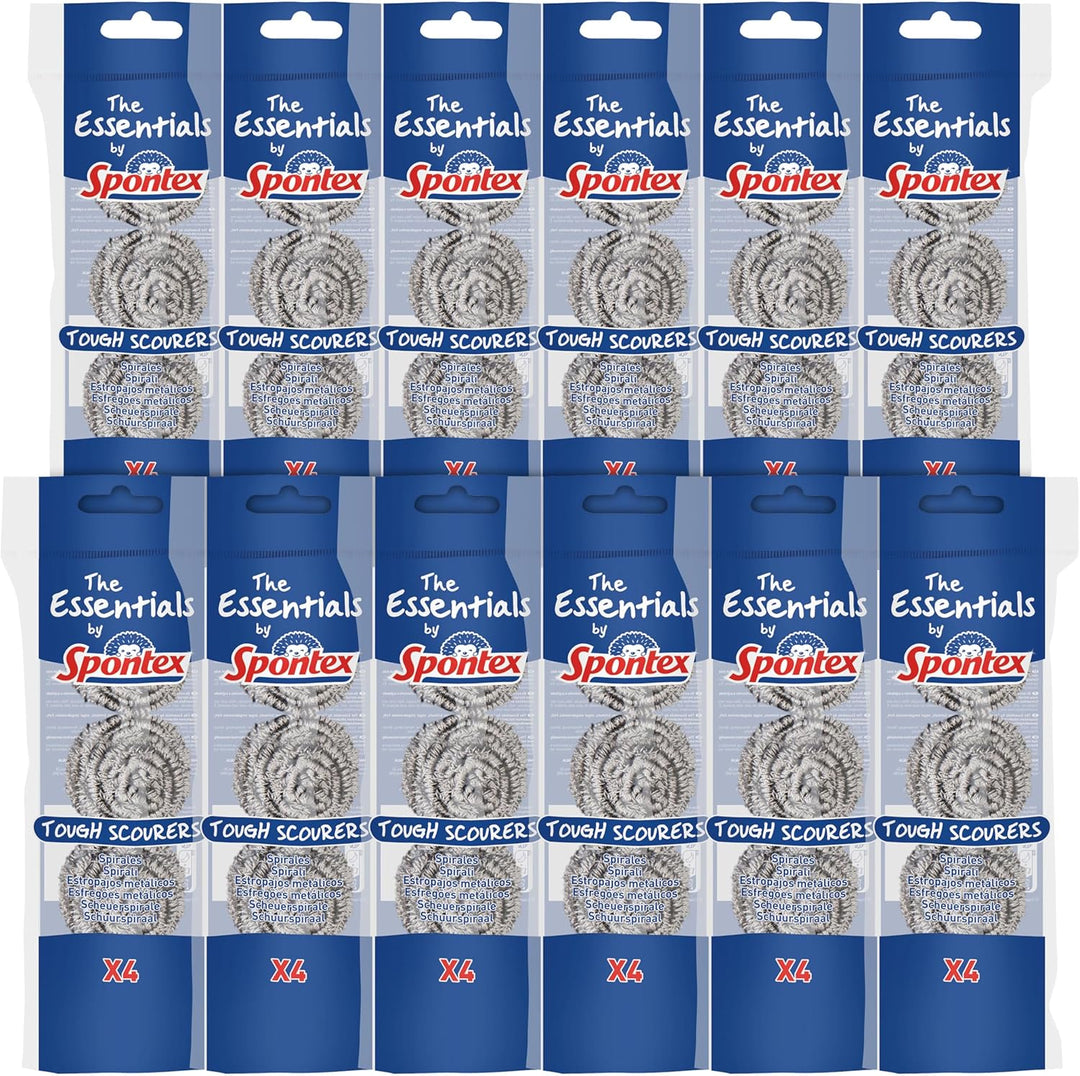 Spontex Essentials Tough Metal Scourers - 12 Packs of 4 (48 Total Scourers)