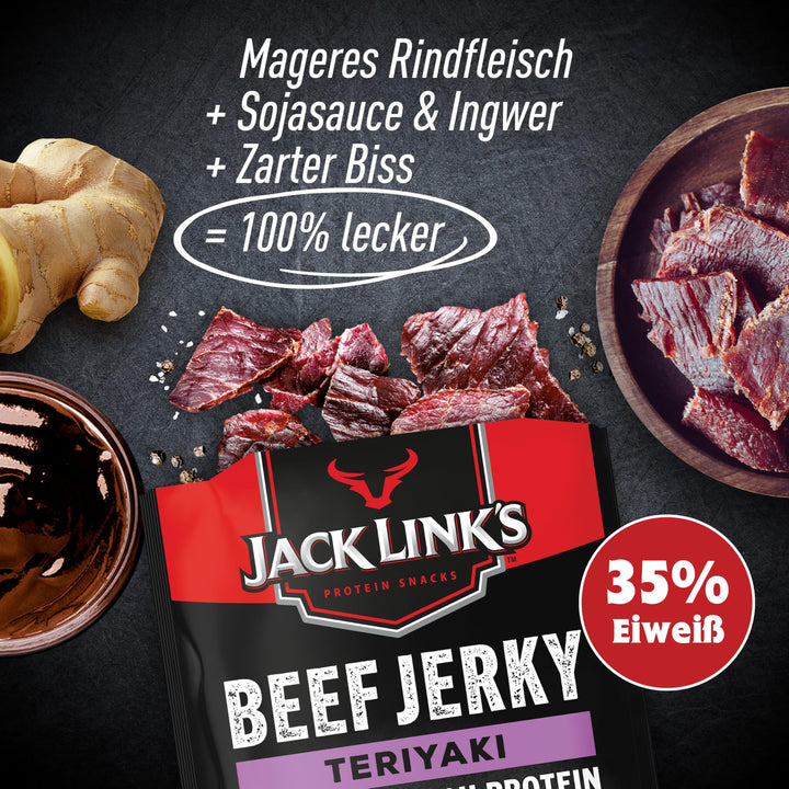Jack Link's Beef Jerky, Teriyaki Flavour, Multipack of 12 x 25g Bags, High Protein Meat Snack, Made with Premium Beef