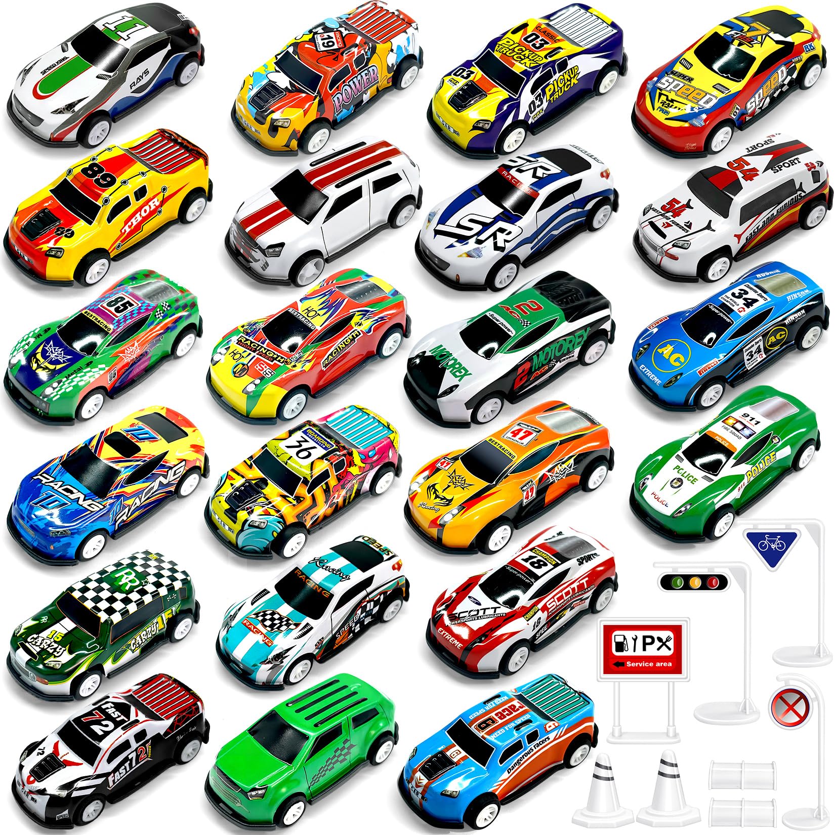 TOYABI 22Pcs Metal Shell Pull-Back Toy Car Set with 8 Roadblocks - Vehicles Playset for Kids