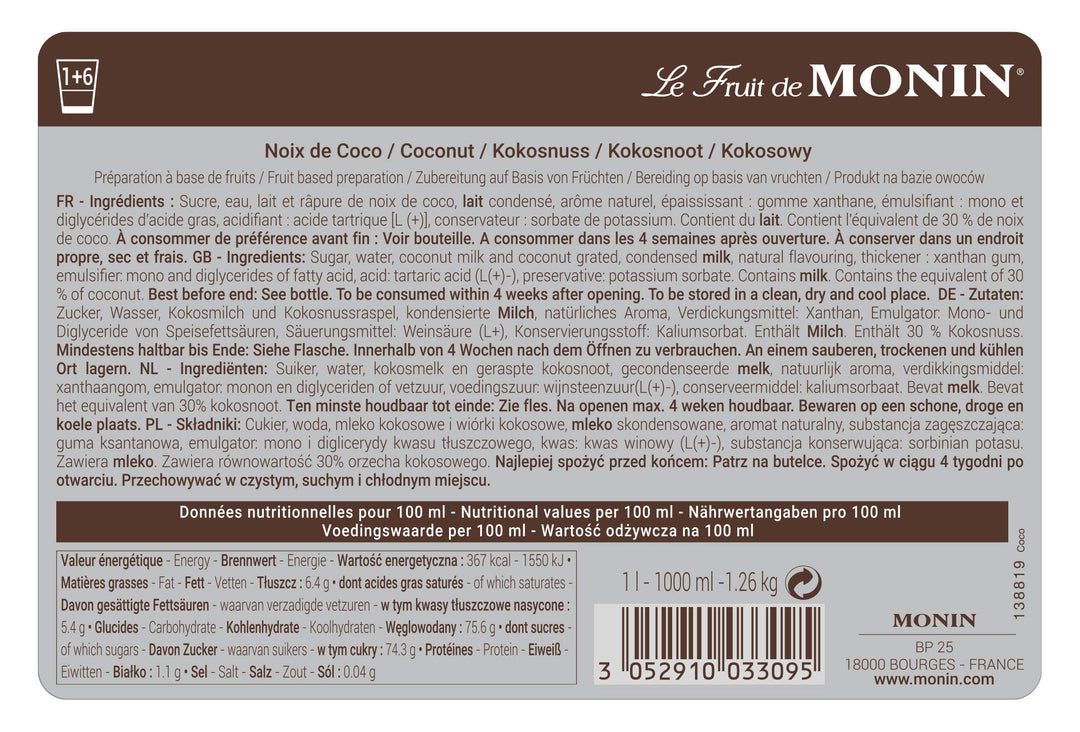 MONIN Coconut Fruit Mix Puree 1L - Intense Candied Coconut Flavor for Cocktails, Frappes & Milkshakes