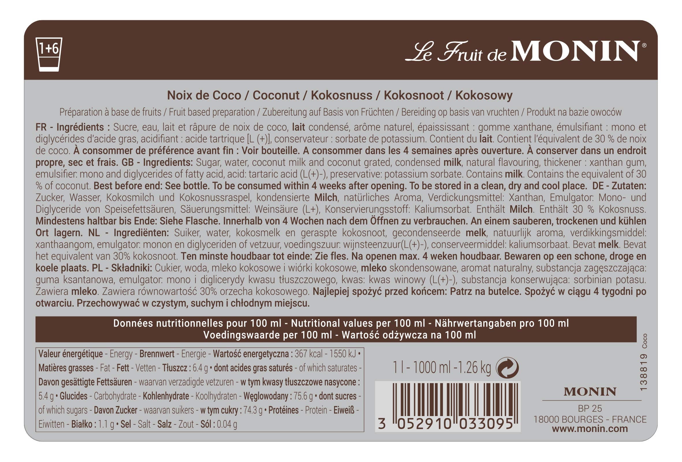 MONIN Coconut Fruit Mix Puree 1L - Intense Candied Coconut Flavor for Cocktails, Frappes & Milkshakes 7