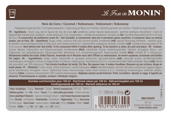 MONIN Coconut Fruit Mix Puree 1L - Intense Candied Coconut Flavor for Cocktails, Frappes & Milkshakes