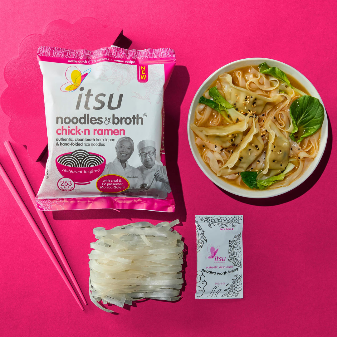 Itsu Chickn Noodles & Broth Pouch 82g - Pack of 6 | Gluten Free Vegan Instant Noodles