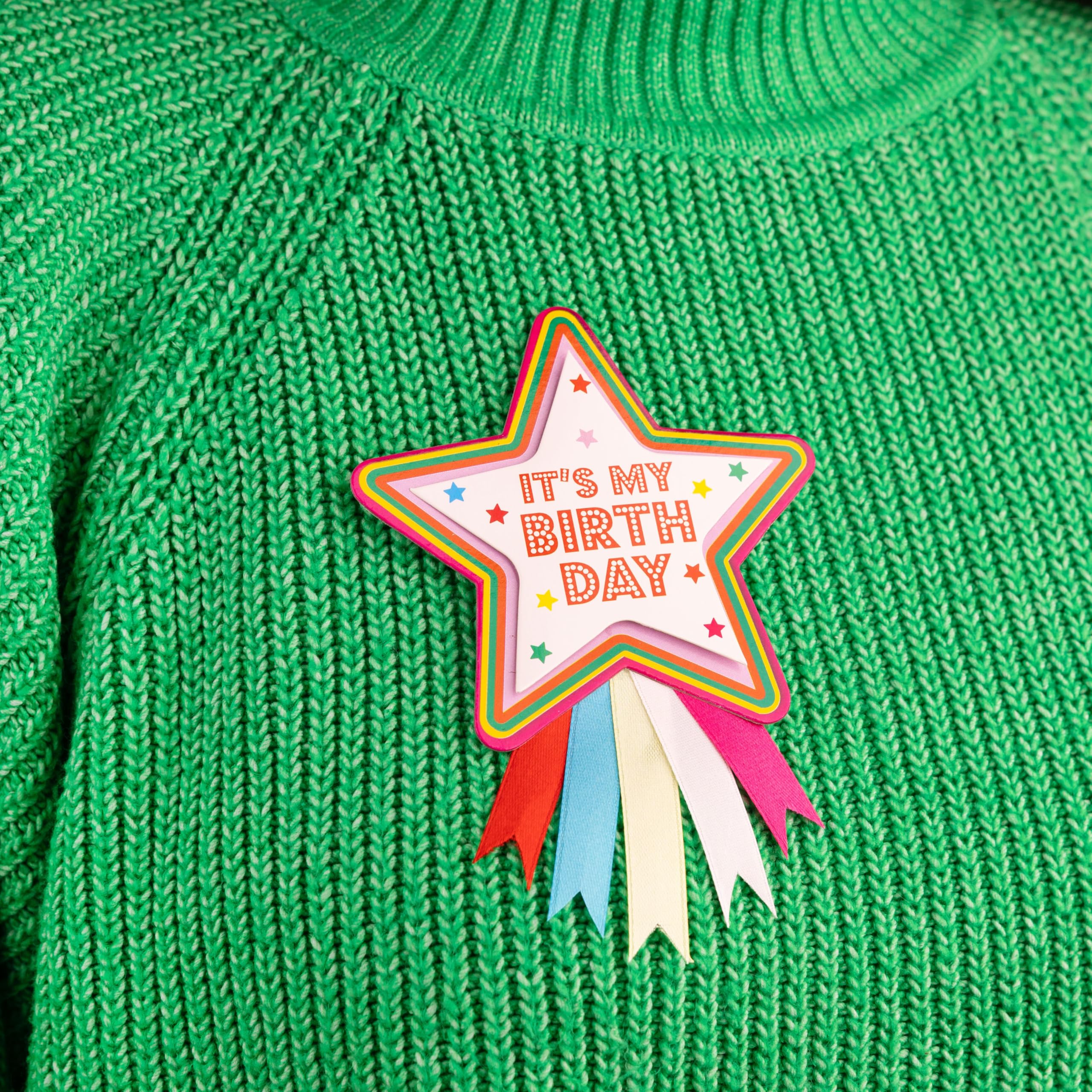 Talking Tables Happy Birthday Rosette Star Badge - Reusable, Colourful Ditsy Stars, 10cm Diameter 2