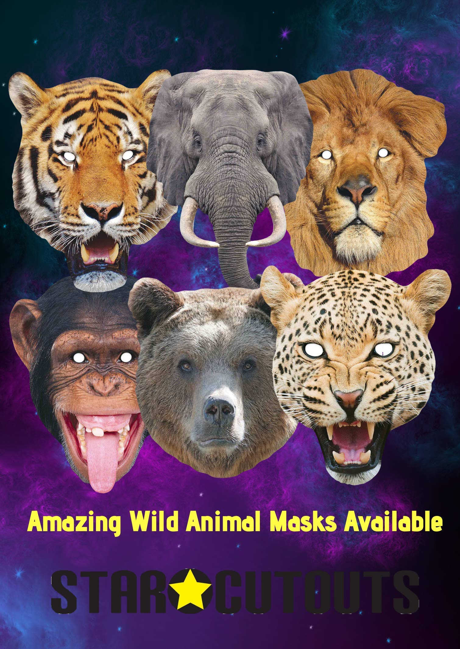 STAR CUTOUTS Animal Cardboard Face Mask Pack - Lion, Tiger, Bear, Chimpanzee, Elephant, Leopard | Pack of Six 2