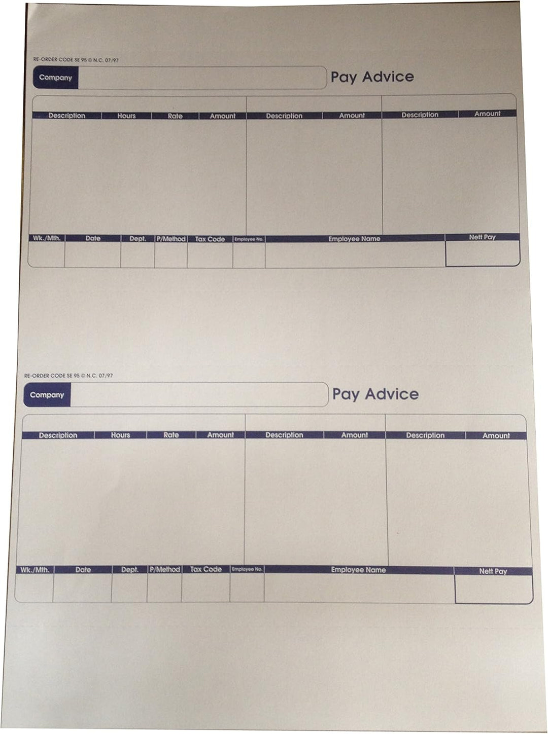 Custom Forms - SE95S 1 Part Inkjet/Laser Payslip (Pack of 500) - Payroll Paper