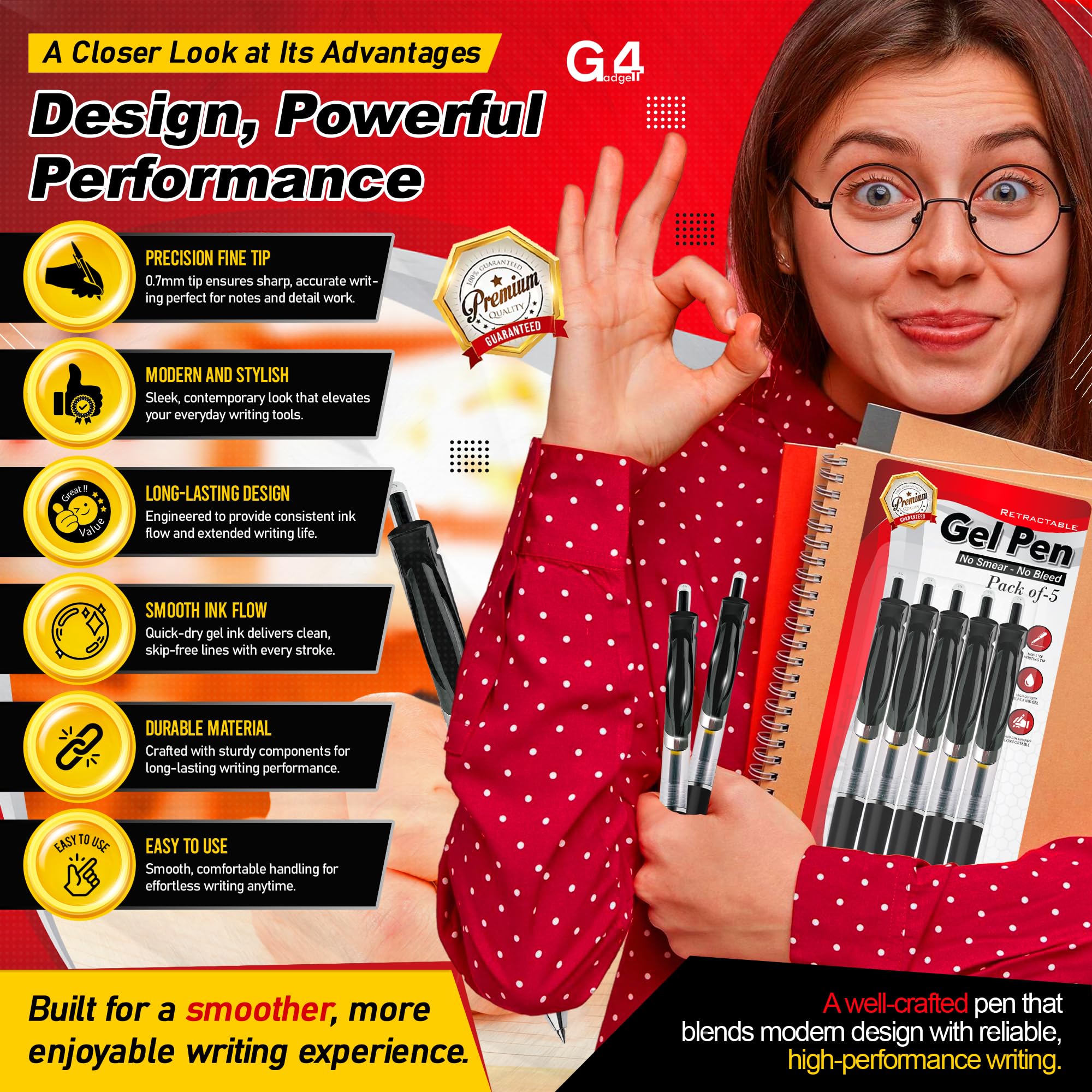 G4GADGET Gel Ink Rollerball Pens - 0.7mm Smooth Black Ink, Retractable Click, Comfort Grip | 5 Pack