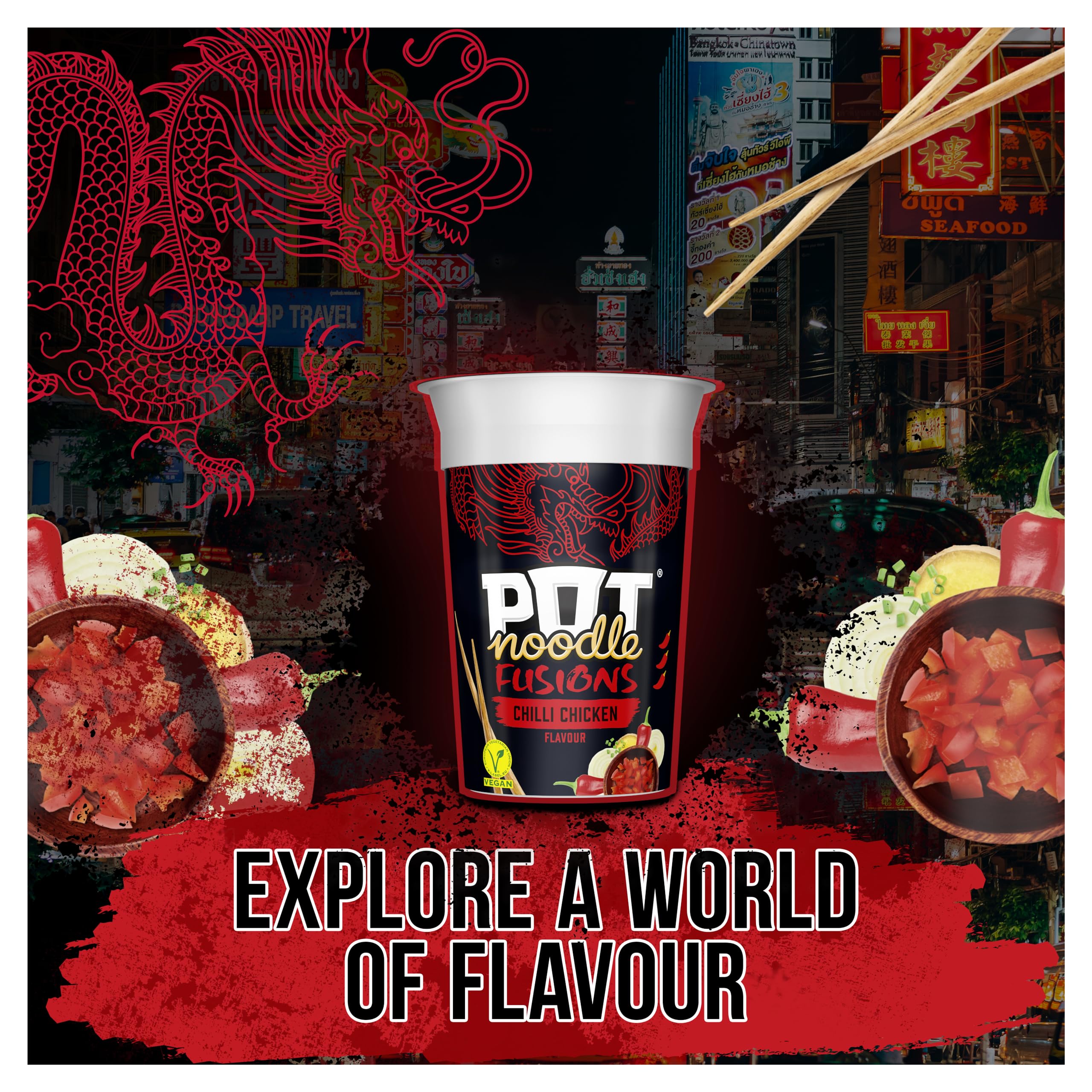 Pot Noodle Fusions Chilli Chicken Instant Vegan Noodles 100g 6