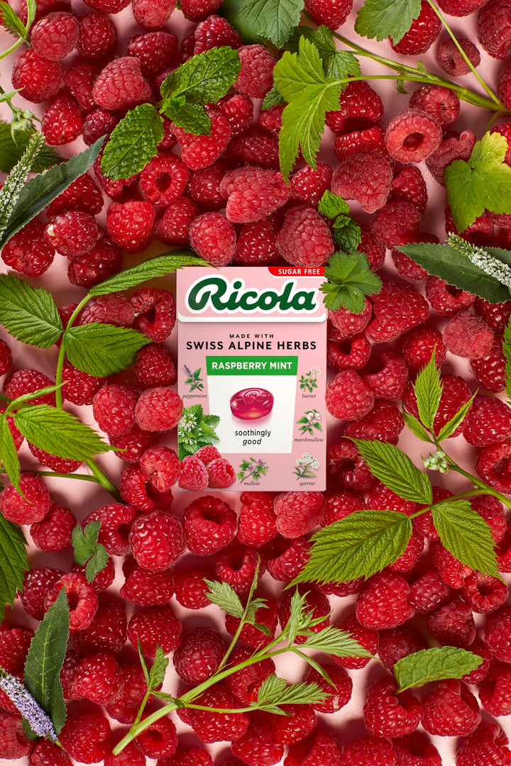 Ricola Raspberry Mint Sugar Free Herbal Sweets, 10-Pack Box (45g Each), Sweetened with Stevia, Vegan & Kosher
