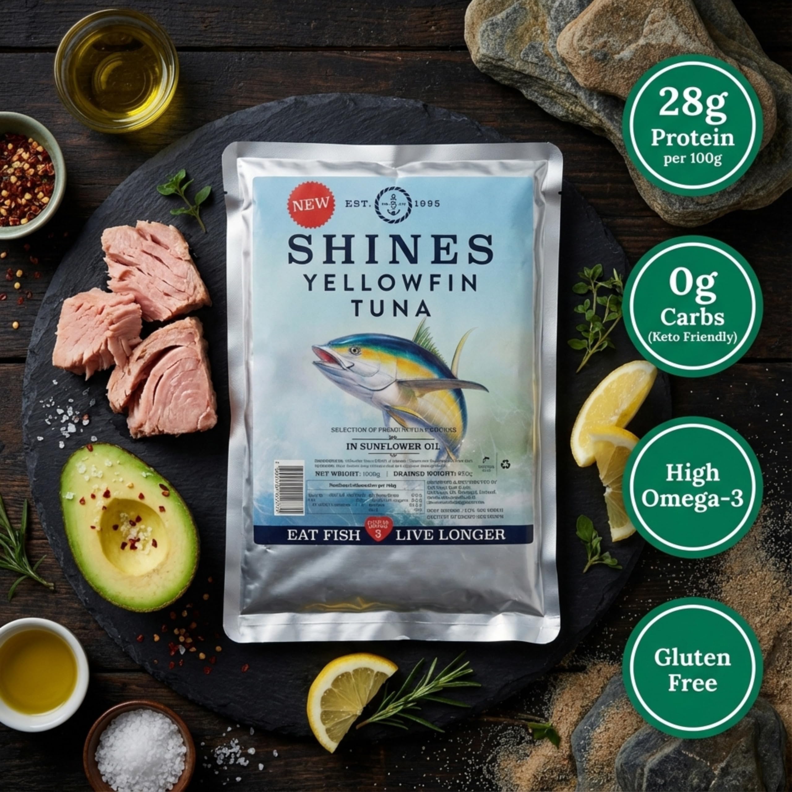 Shines Gourmet Wild Yellowfin Tuna in Oil - 1kg Pouch | High Omega 3 | Low Carb | Gluten-Free 3