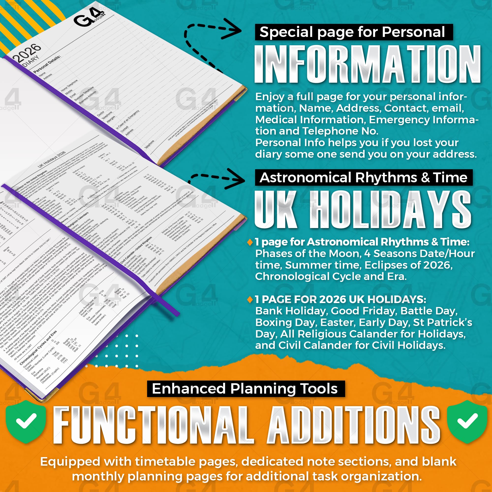 G4GADGET 2026 A5 Day a Page Diary - Purple Hardback with Gilt Edges | Ruled 3