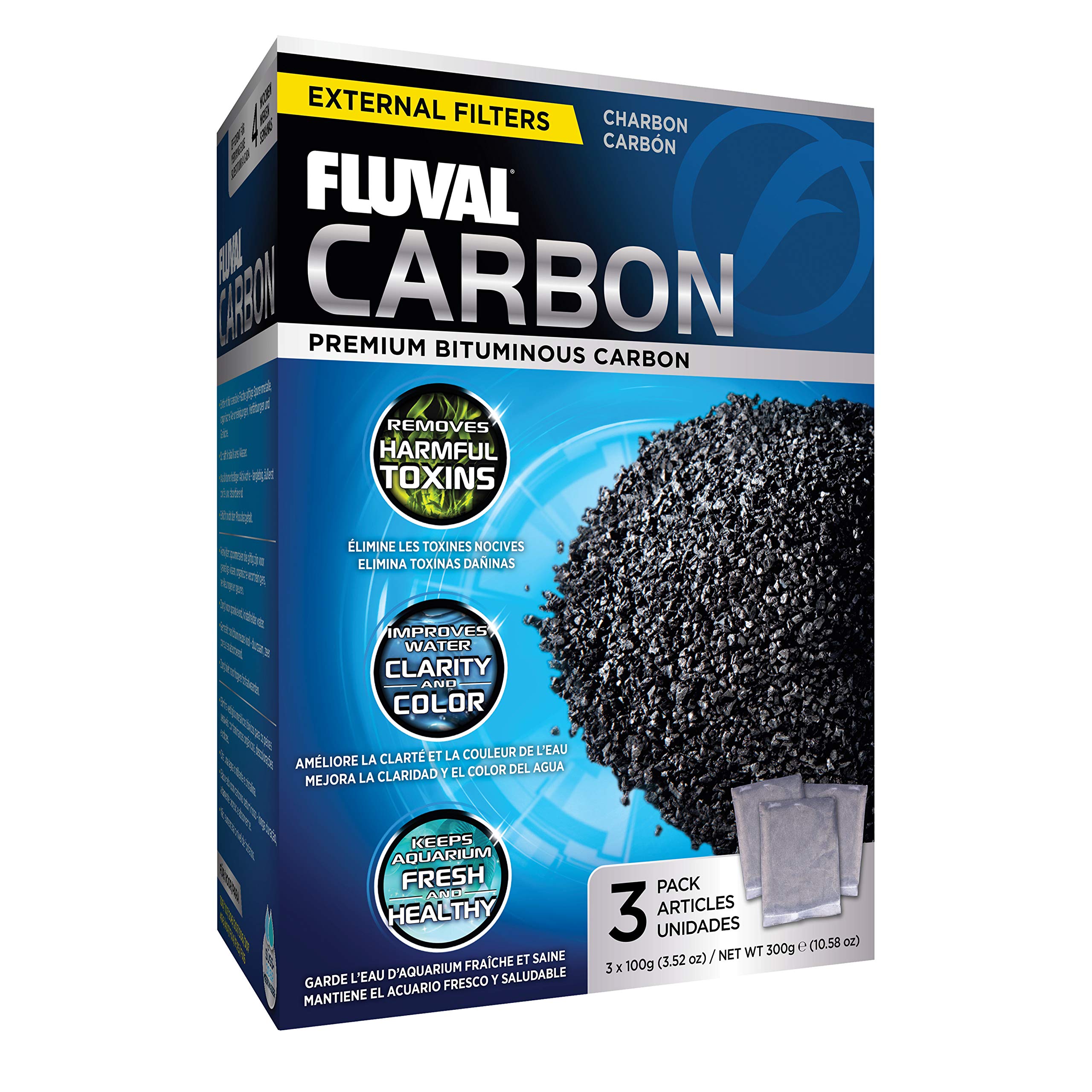 Fluval Activated Carbon Filter Media - Removes Odors, Discoloration, & Pollutants | 3 x 100g Bags