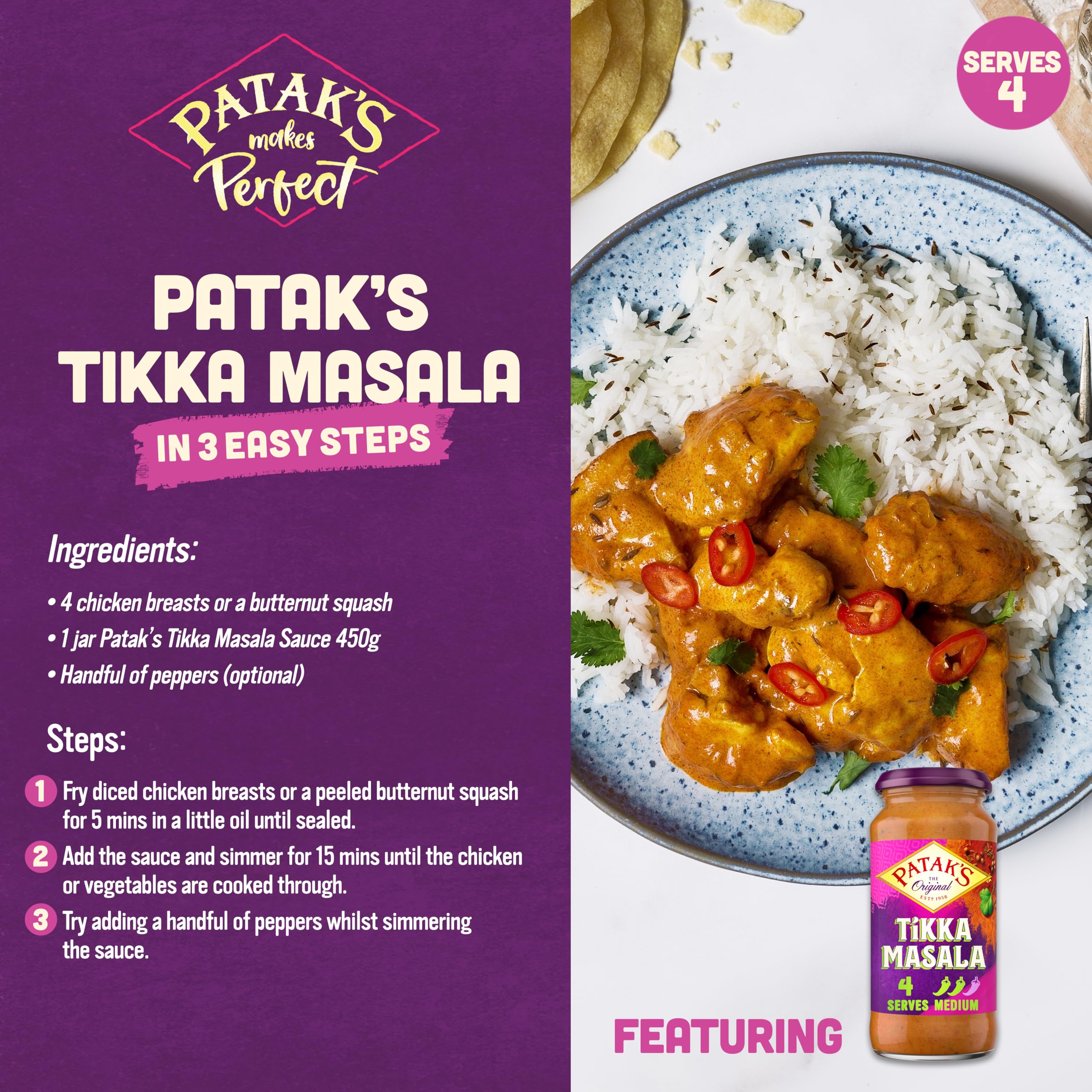 Patak's Tikka Masala Curry Sauce - Medium Spice, Gluten Free | 450g Jar