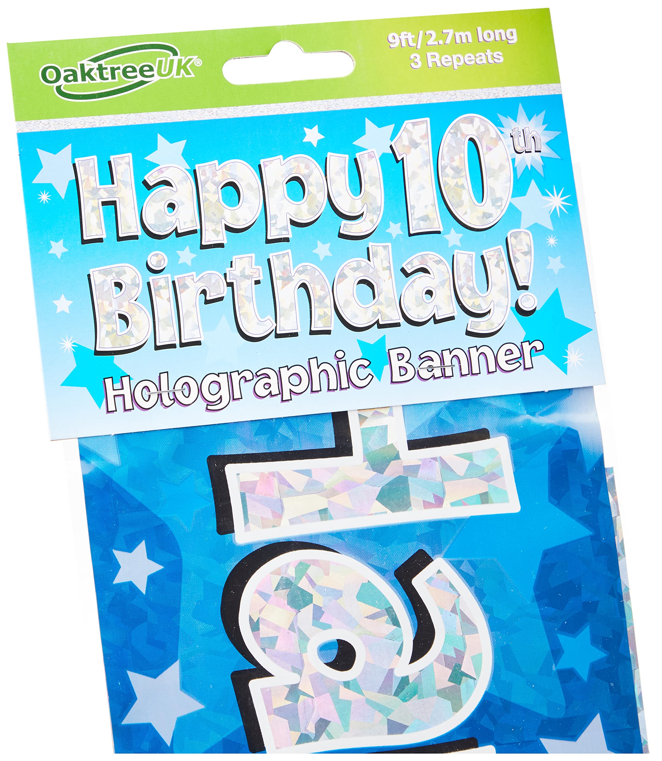 OakTree Happy 10th Birthday Foil Holographic Banner - Blue, 9 ft 8