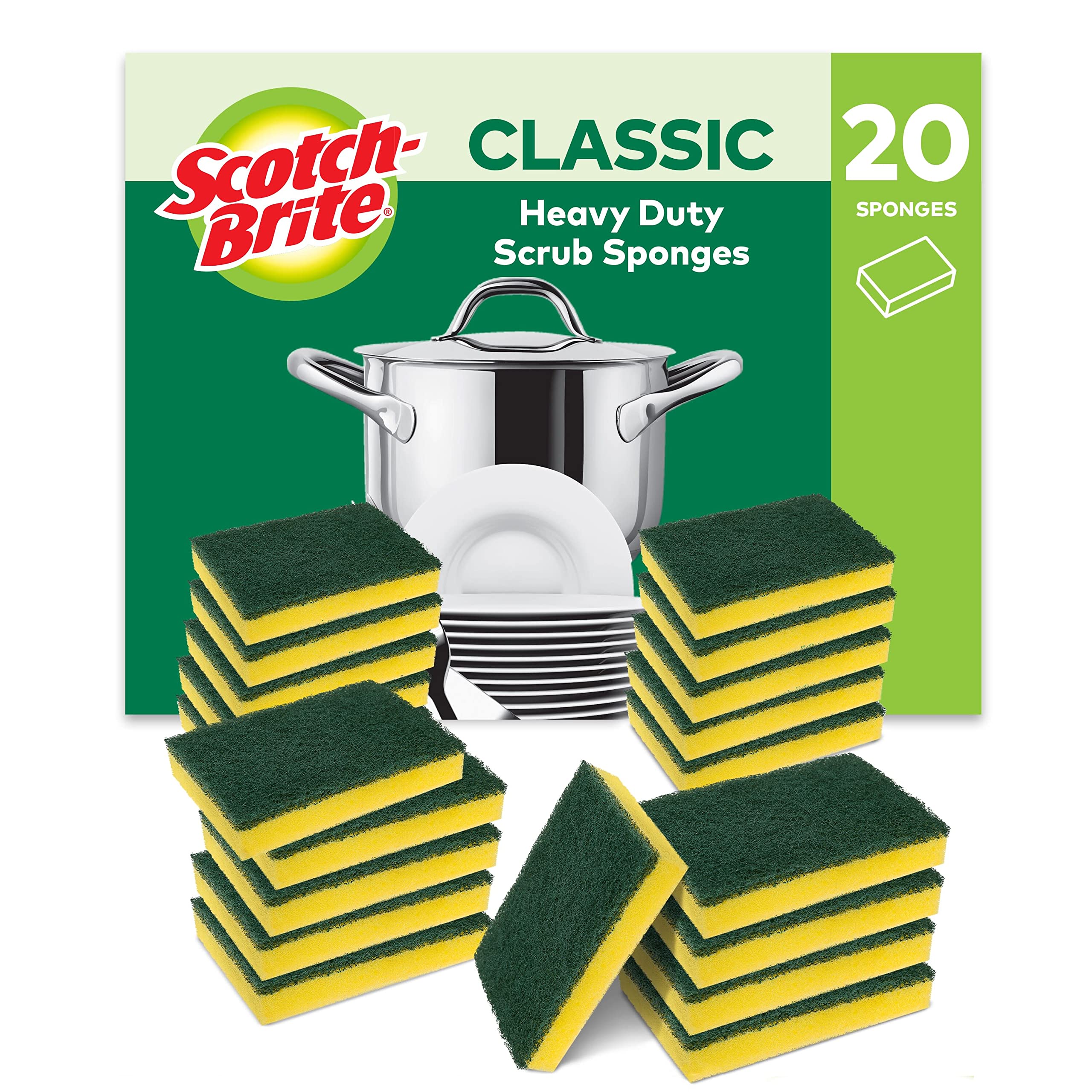 Scotch-Brite Classic Heavy Duty Scrub Sponge - Powerful Grease Cutting | 20 Sponges | Green 1