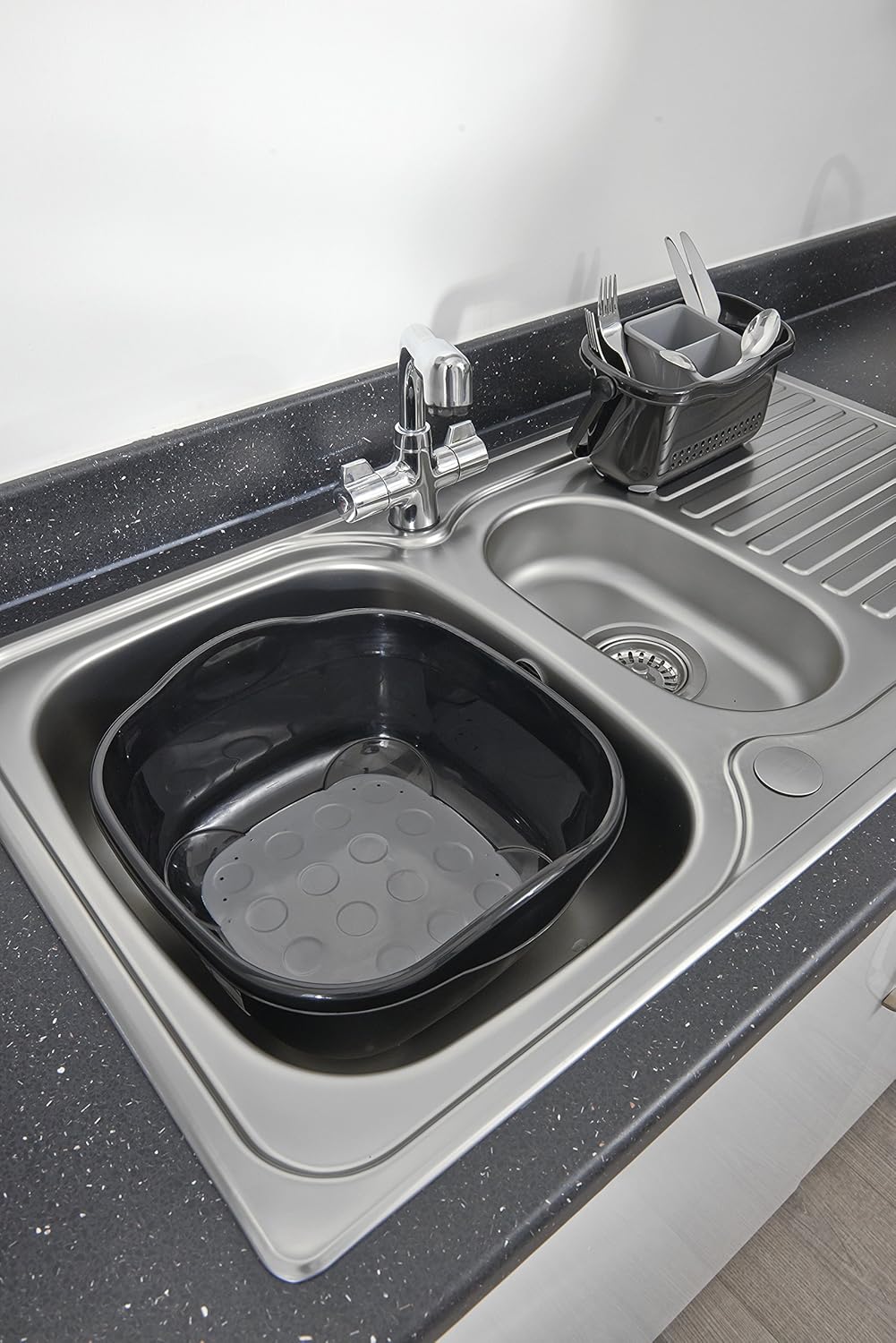 Addis Soft Touch Washing Up Bowl - 9L Twin Material Dish Basin with Carry Handles, Black/Grey
