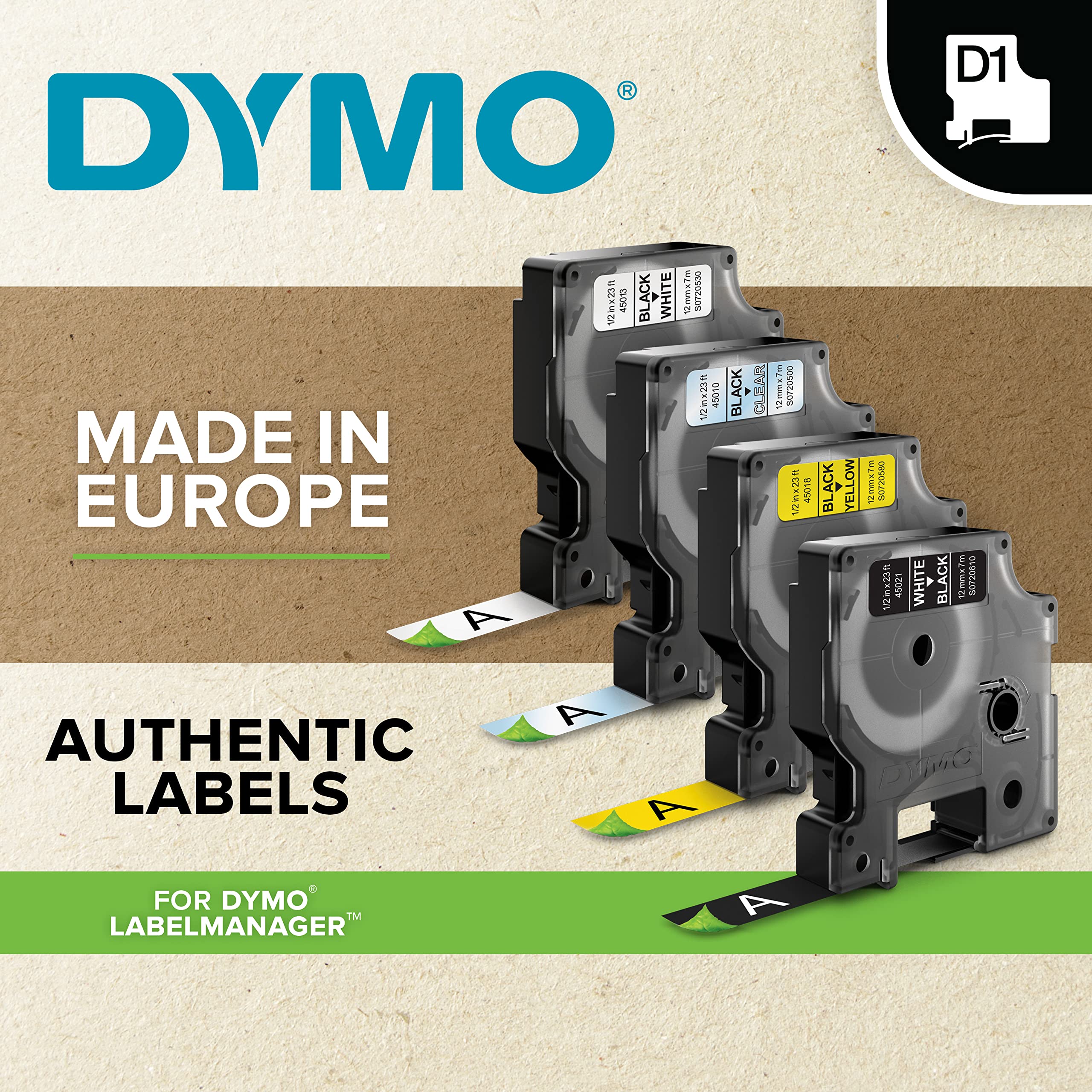 Dymo Authentic D1 Label Tape - Black Print on White | 12mm x 7m | Self-Adhesive | 2 Rolls 3