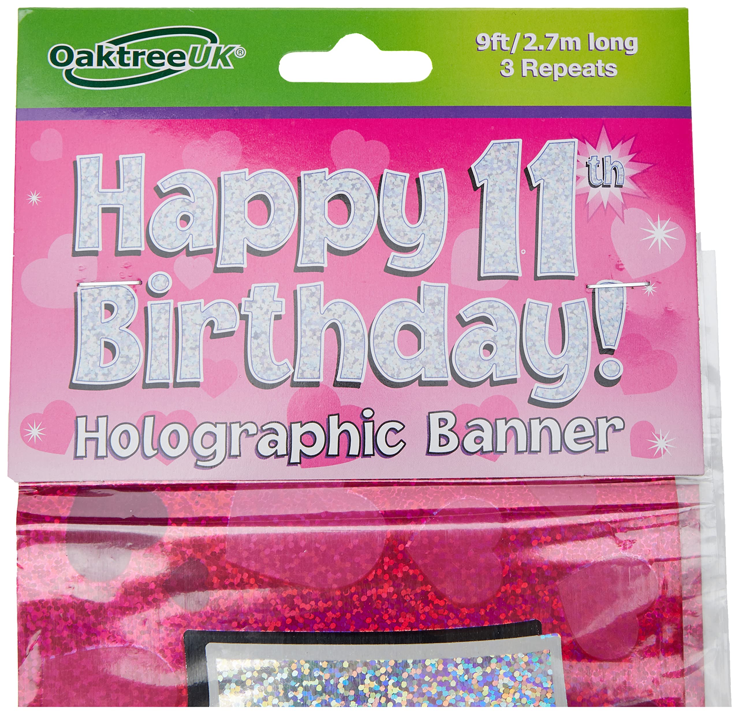 OakTree Happy 11th Birthday Banner - 9ft Pink Holographic Fabric Decoration 2