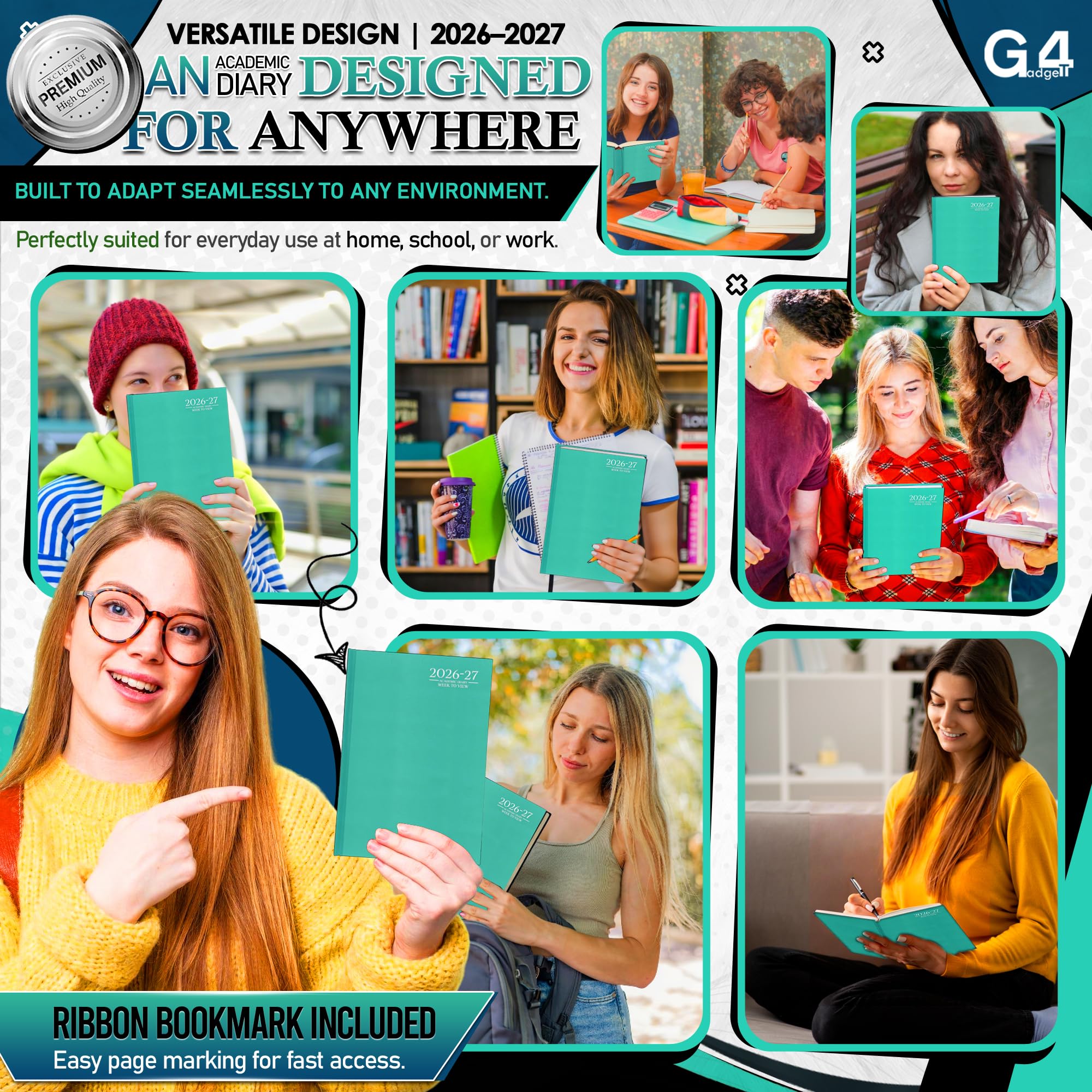 G4GADGET 2026-2027 Academic Diary - A4 Week To View | Teal Hardback | August 2026 Start 5