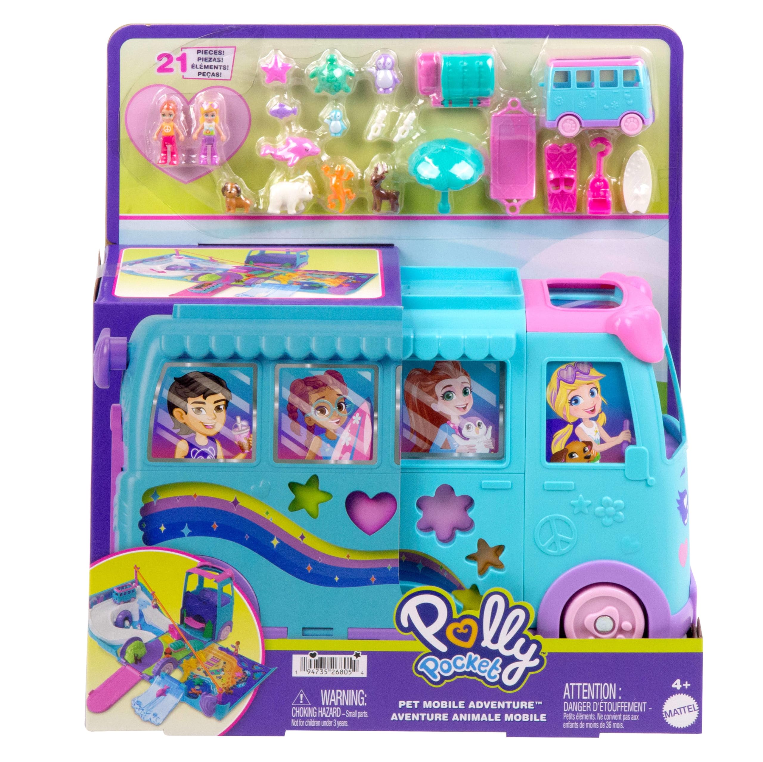 Polly Pocket Pet Mobile Adventure Playset - Transforming Camper Van with Micro Dolls & Pets, Ages 4+ 7