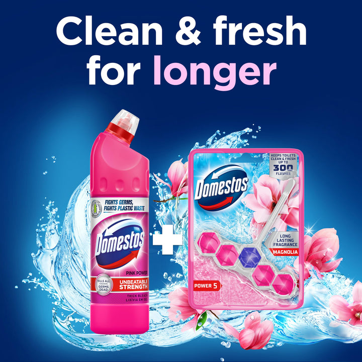 Domestos Power 5 Magnolia Toilet Rim Block - Long-Lasting Toilet Freshener for Up to 300 Flushes