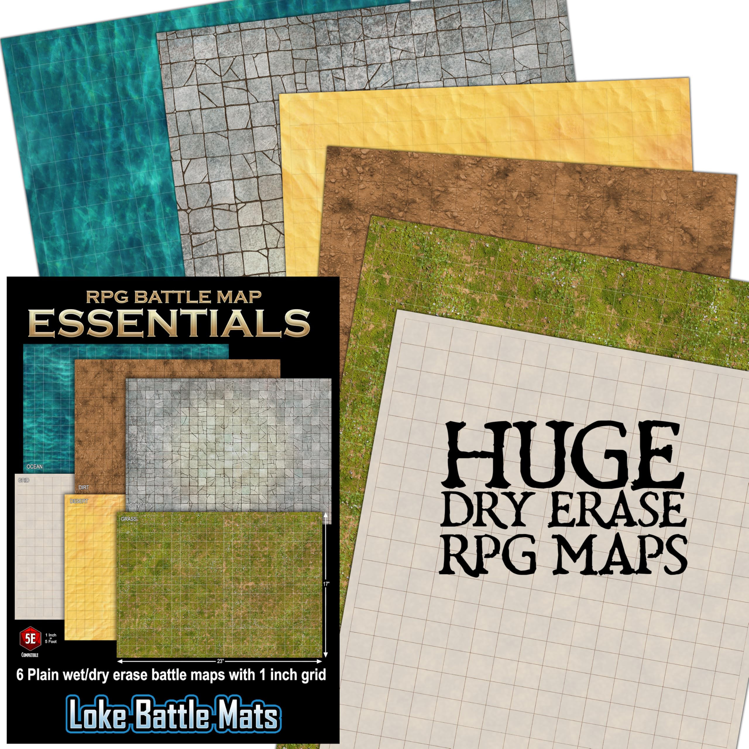 Loke BattleMats Essential RPG Battle Maps Starter Set - Dry Erase Ready, Lay Flat Play Area | 23 x 17 inches 1