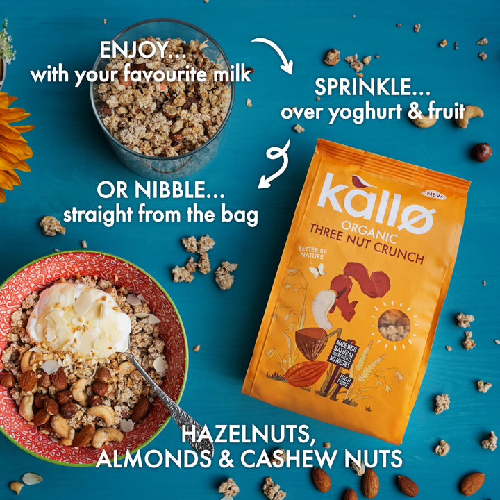 Kallo Organic Three Nut Crunch Granola, 360g – High-Fibre, Wholegrain Breakfast Cereal