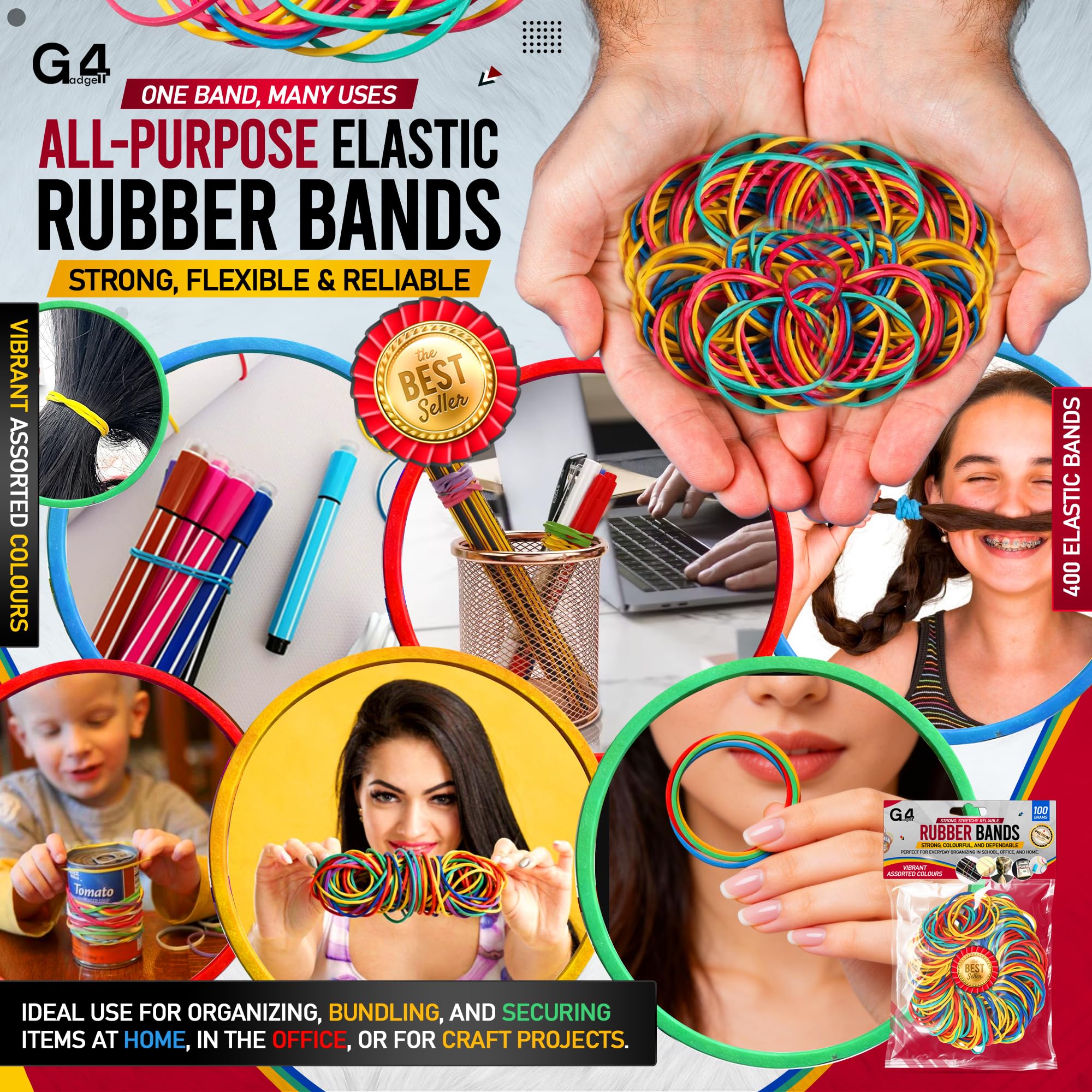 G4GADGET Elastic Bands - 400 Pack Assorted Sizes Rubber Bands | Strong & Multicolour 4