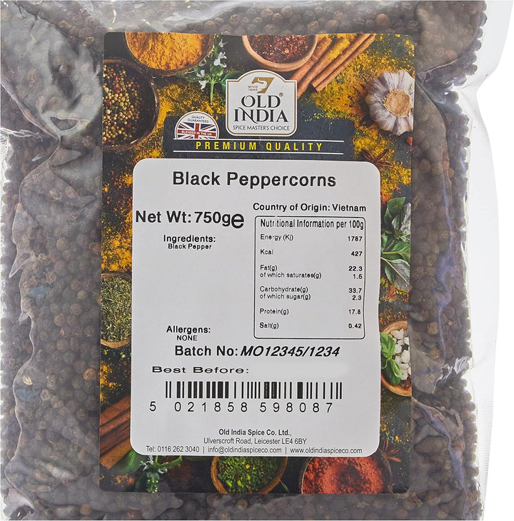 Old India Black Peppercorns 750g - Pure, Natural Spices for Cooking