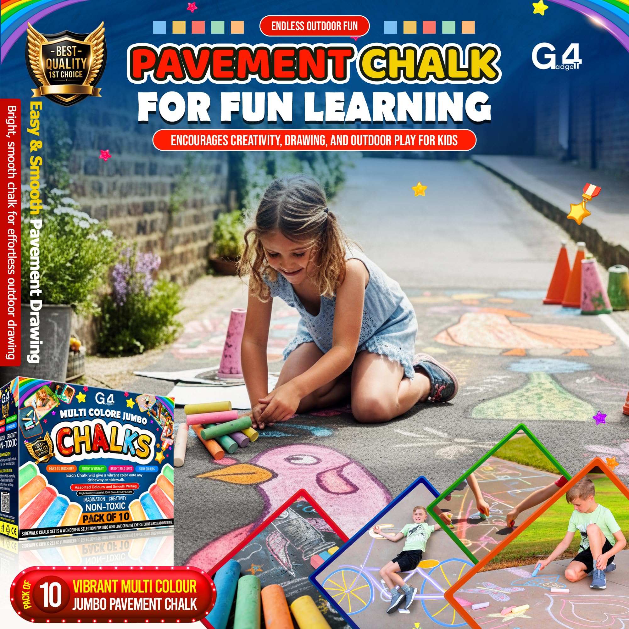 G4GADGET 20 Jumbo Chalks for Kids – Giant Chunky Outdoor Pavement Chalk | Age 3+ 5
