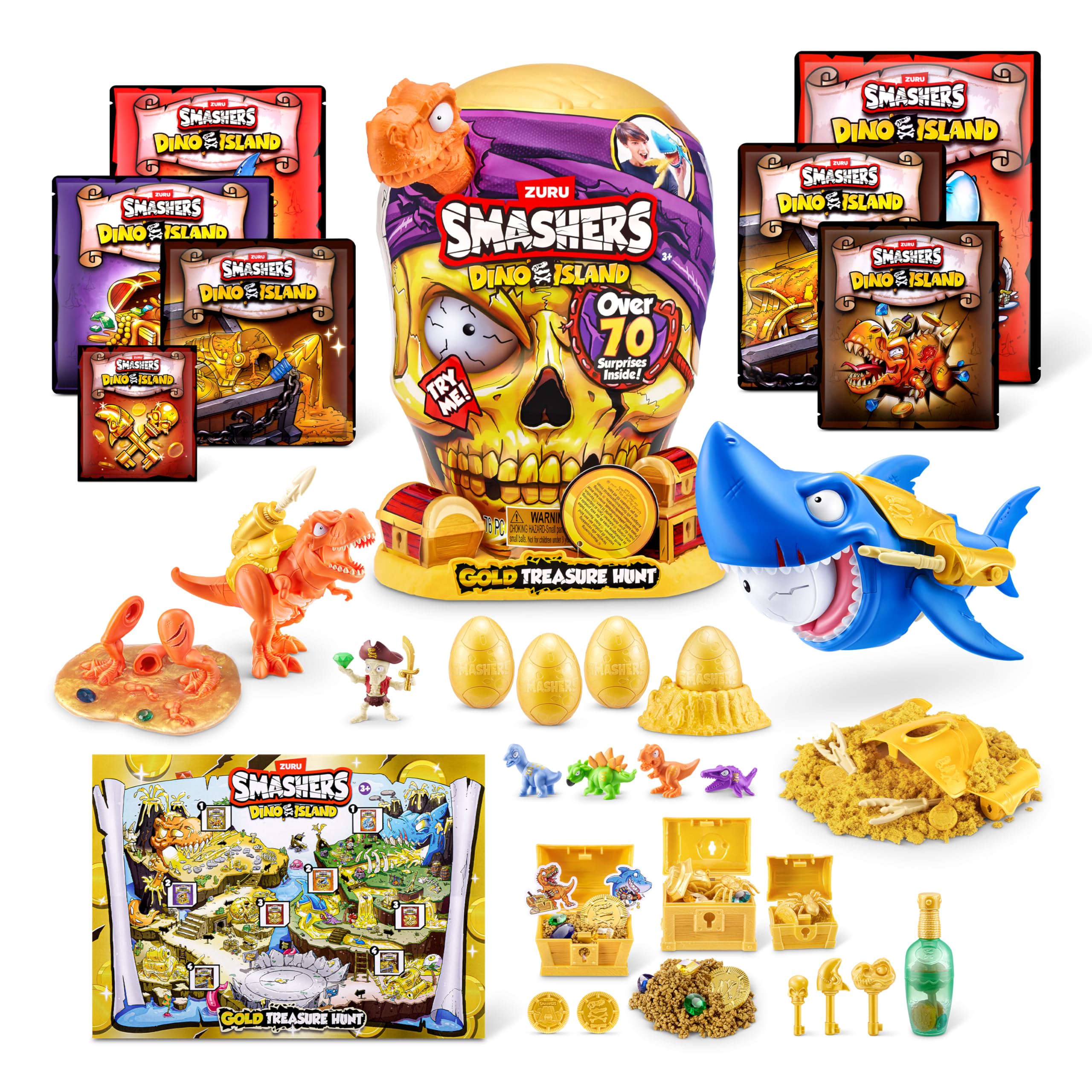 ZURU SMASHERS Dino Island Gold Treasure Hunt - Orange Dinosaur Skull Playset for Kids 1