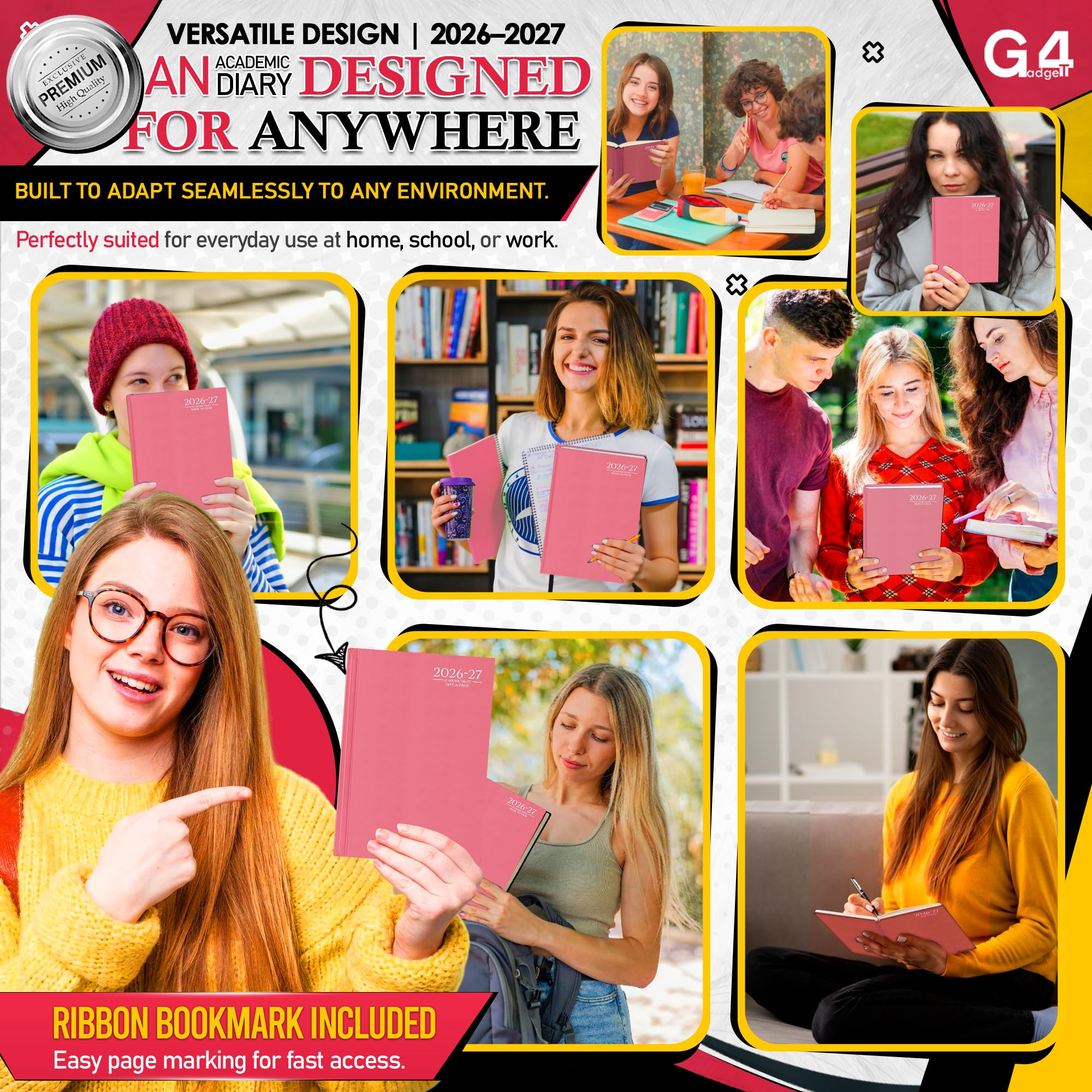 G4GADGET 2026-2027 Academic Diary - A4 Day A Page, Pink Hardback 5