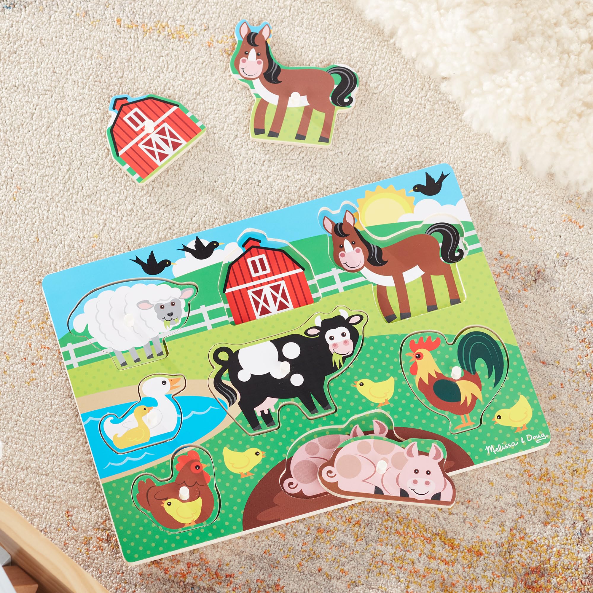 Melissa & Doug Wooden Farm Animals Peg Puzzle - 8-Piece Educational Toy for Ages 3+ 11