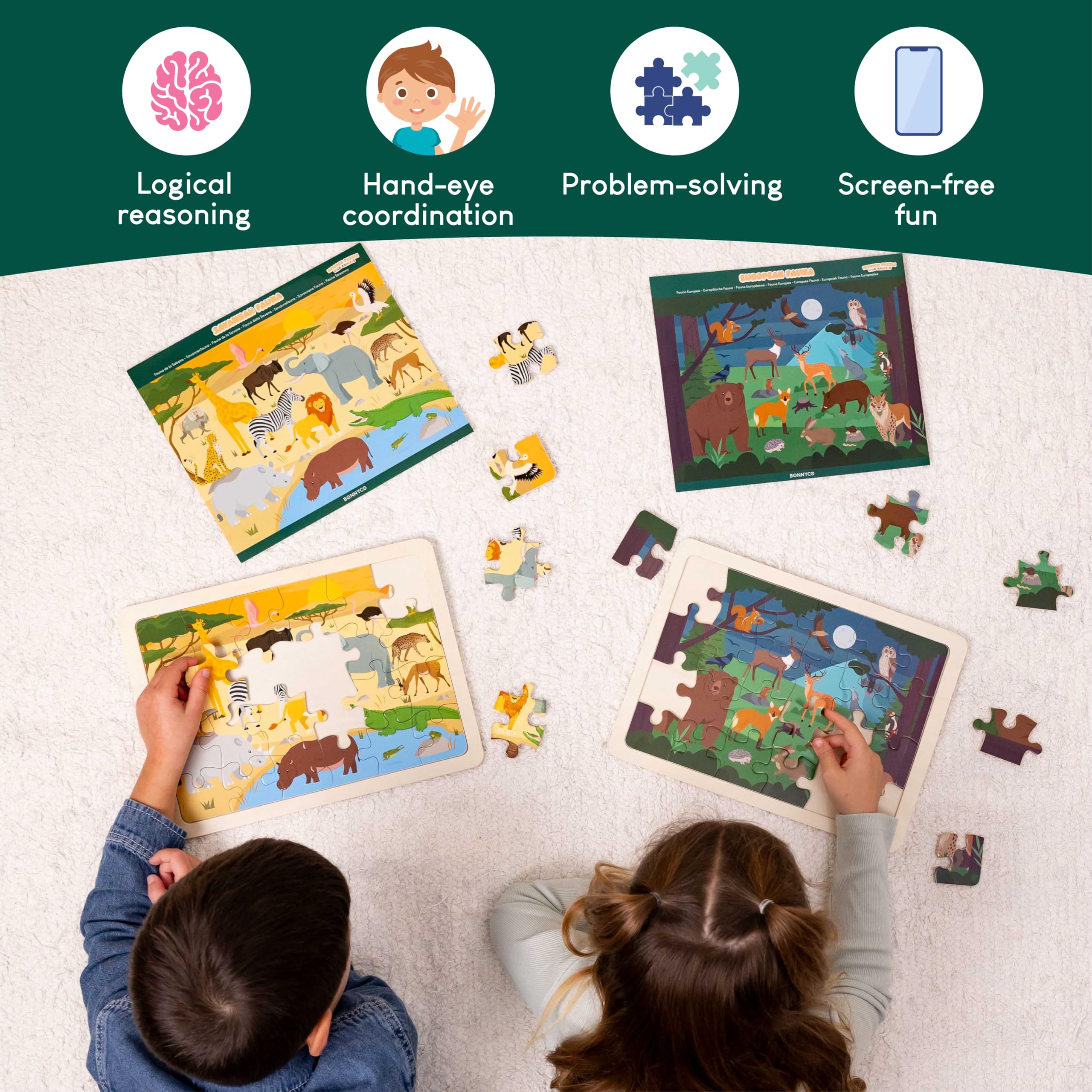 BONNYCO 6 Set Wooden Puzzles - 24 Pieces Each, Animals from Around the World | Educational Toy | Ages 2+ 7