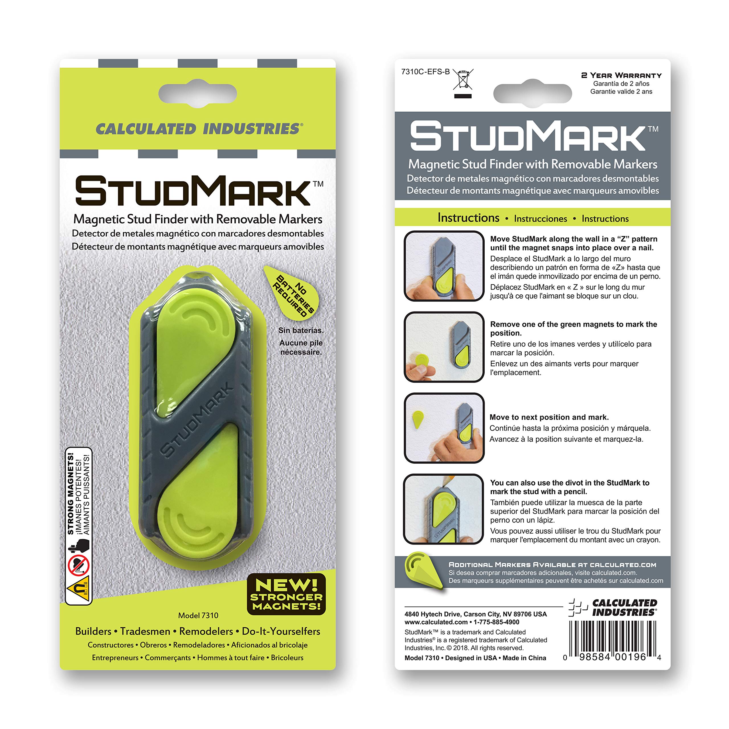 Calculated Industries Studmark Magnetic Stud Finder - Includes 2 Removable Markers | Green 2