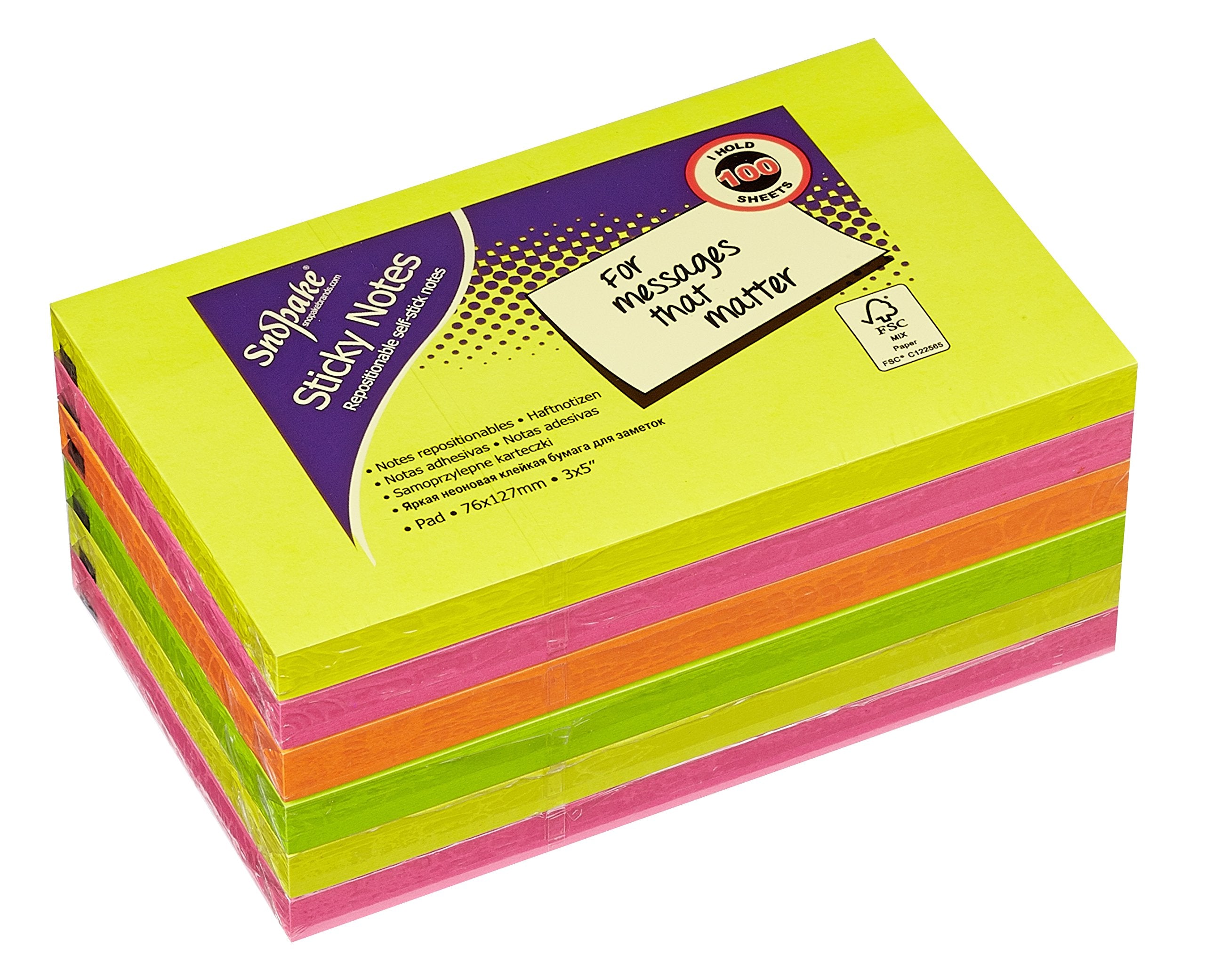 Snopake Neon Assorted Sticky Notes - 127 x 76 mm | 6 Pads of 100 Sheets | FSC Certified 1