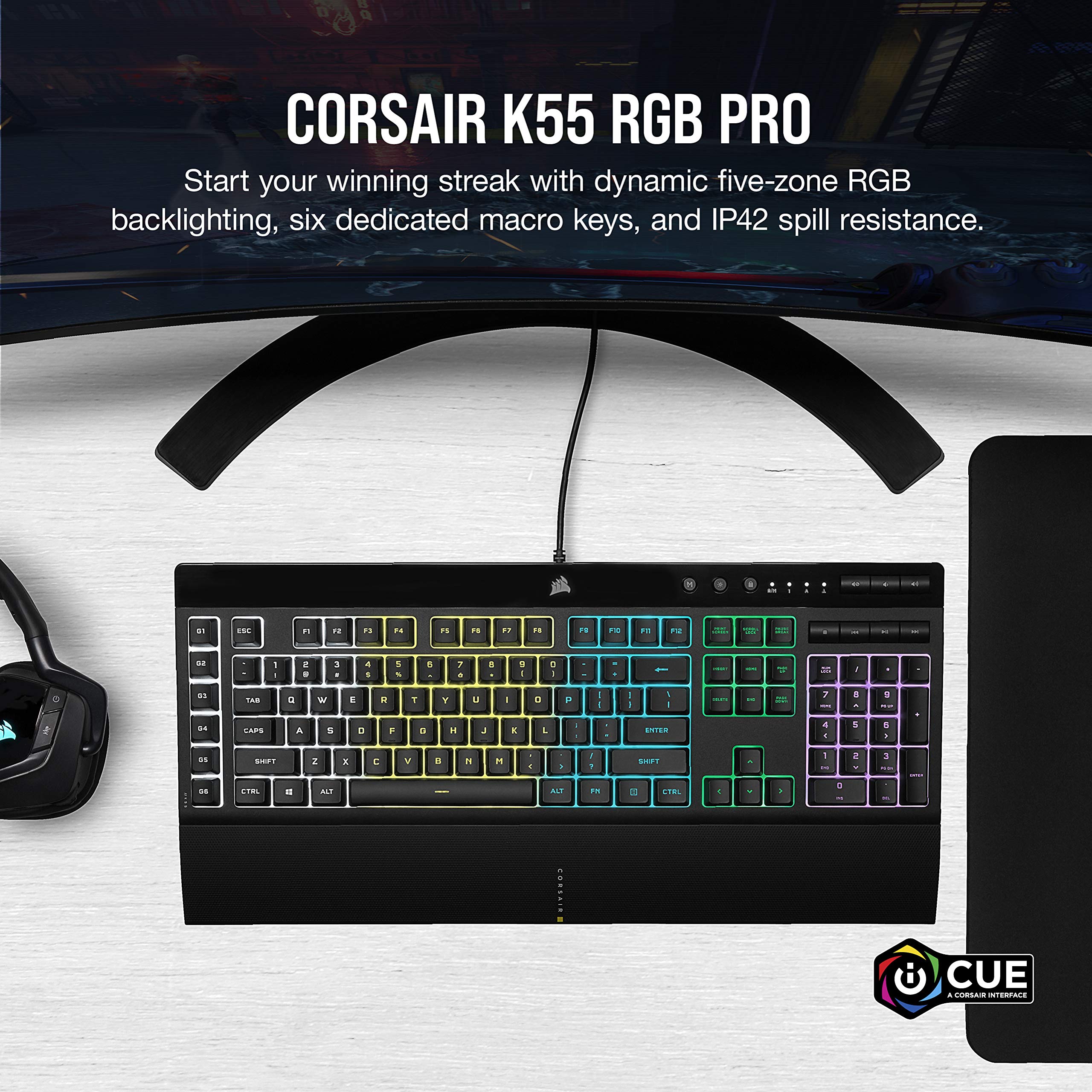 CORSAIR K55 RGB PRO Membrane Wired Gaming Keyboard – IP42 Dust and Spill-Resistant – 6 Macro Keys with Elgato Integration – iCUE Compatible – QWERTY UK – PC, Mac, Xbox – Black 8