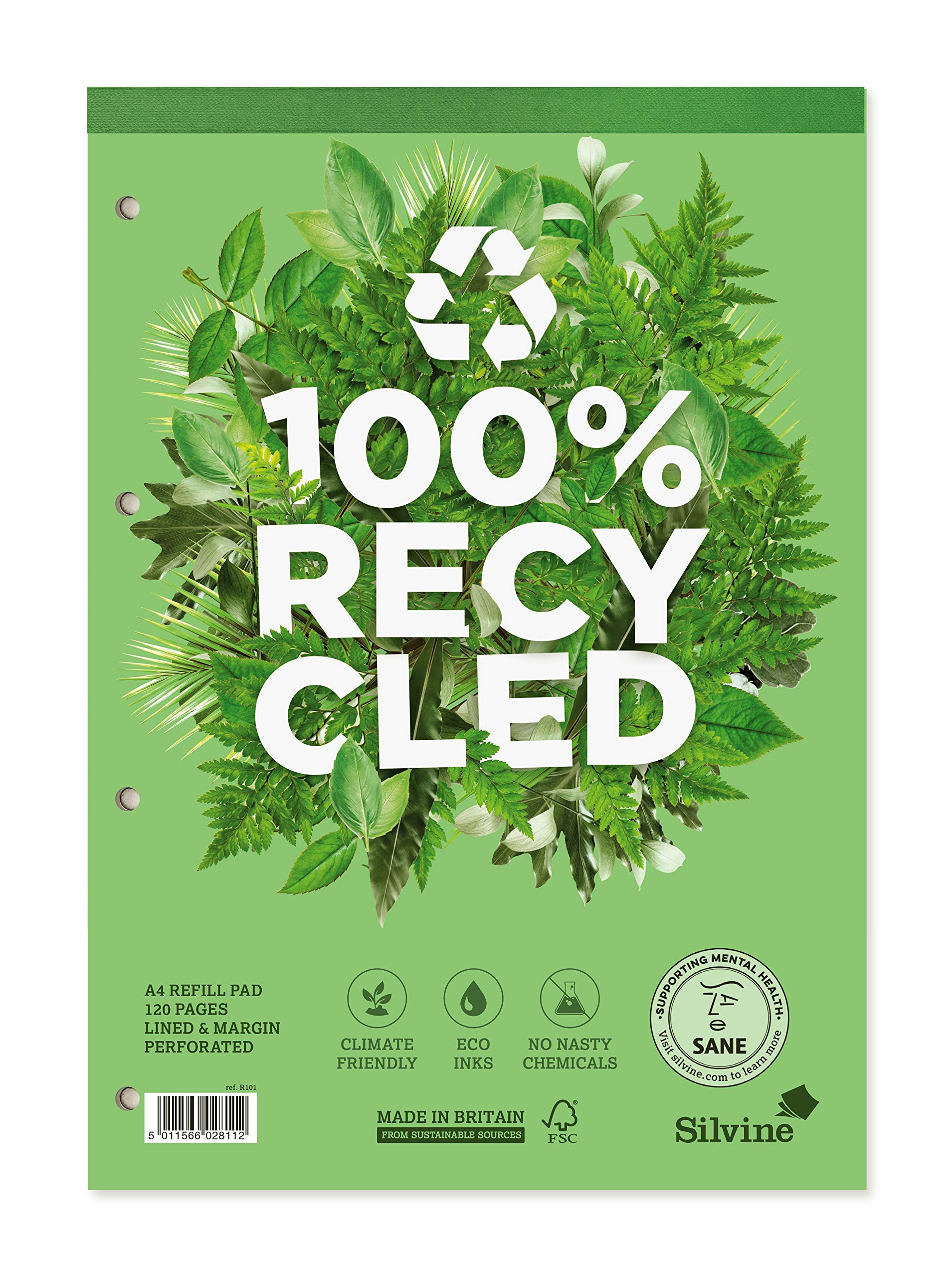 Silvine Premium Recycled Refill Pad - A4, 80gsm, Lined with Margin, 4 Hole Punched | Pack of 5