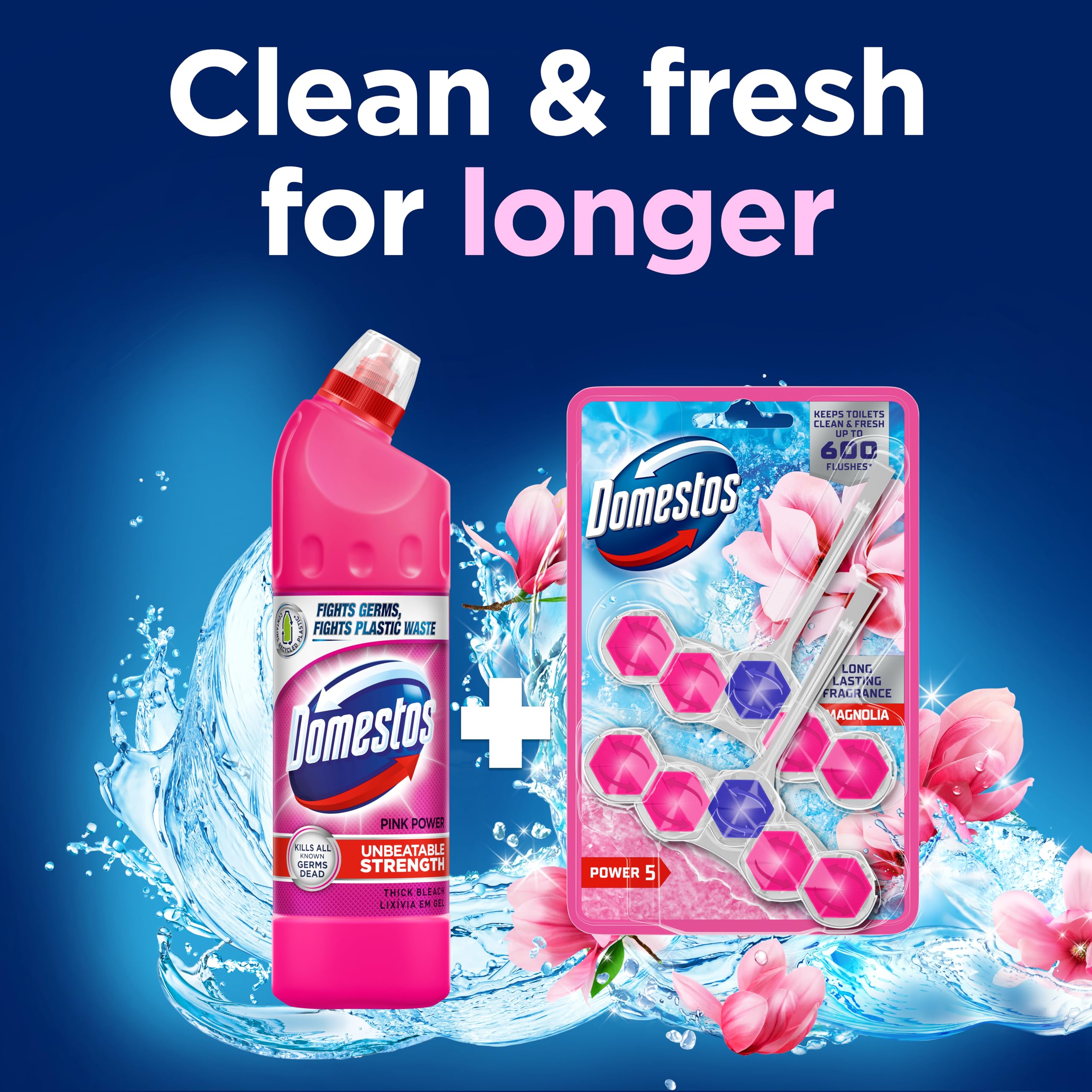 Domestos Power 5 Magnolia Toilet Rim Blocks 2x50g - Long-Lasting Toilet Freshener with Limescale Prevention 6