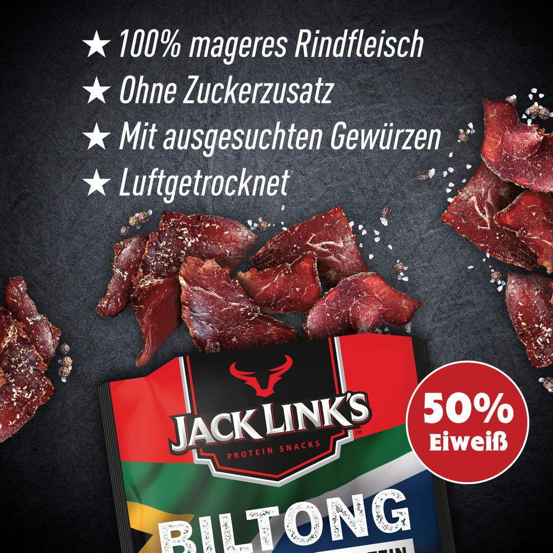 Jack Link's Biltong Jerky Original - Pack of 12 x 20g, Gluten Free High Protein Beef Snack