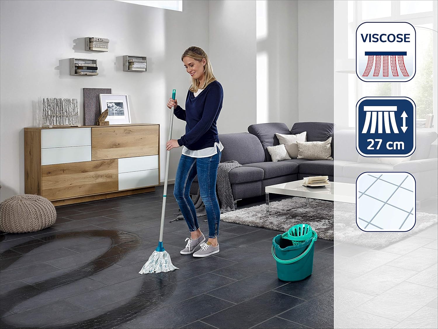 Leifheit Classic Mop and Bucket Set - 12L with Wringer, 120cm Steel Handle, Washable Viscose Mop Head 3