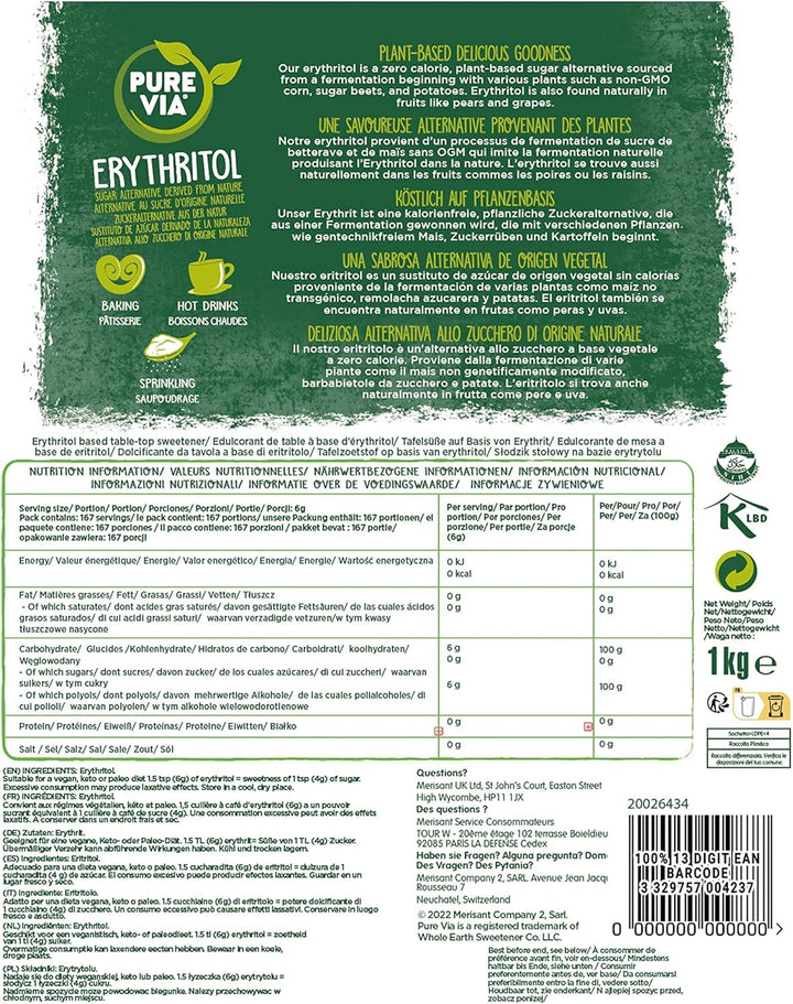 Pure Via Erythritol 1kg – Zero Calorie, Keto & Vegan Sugar Alternative Powder