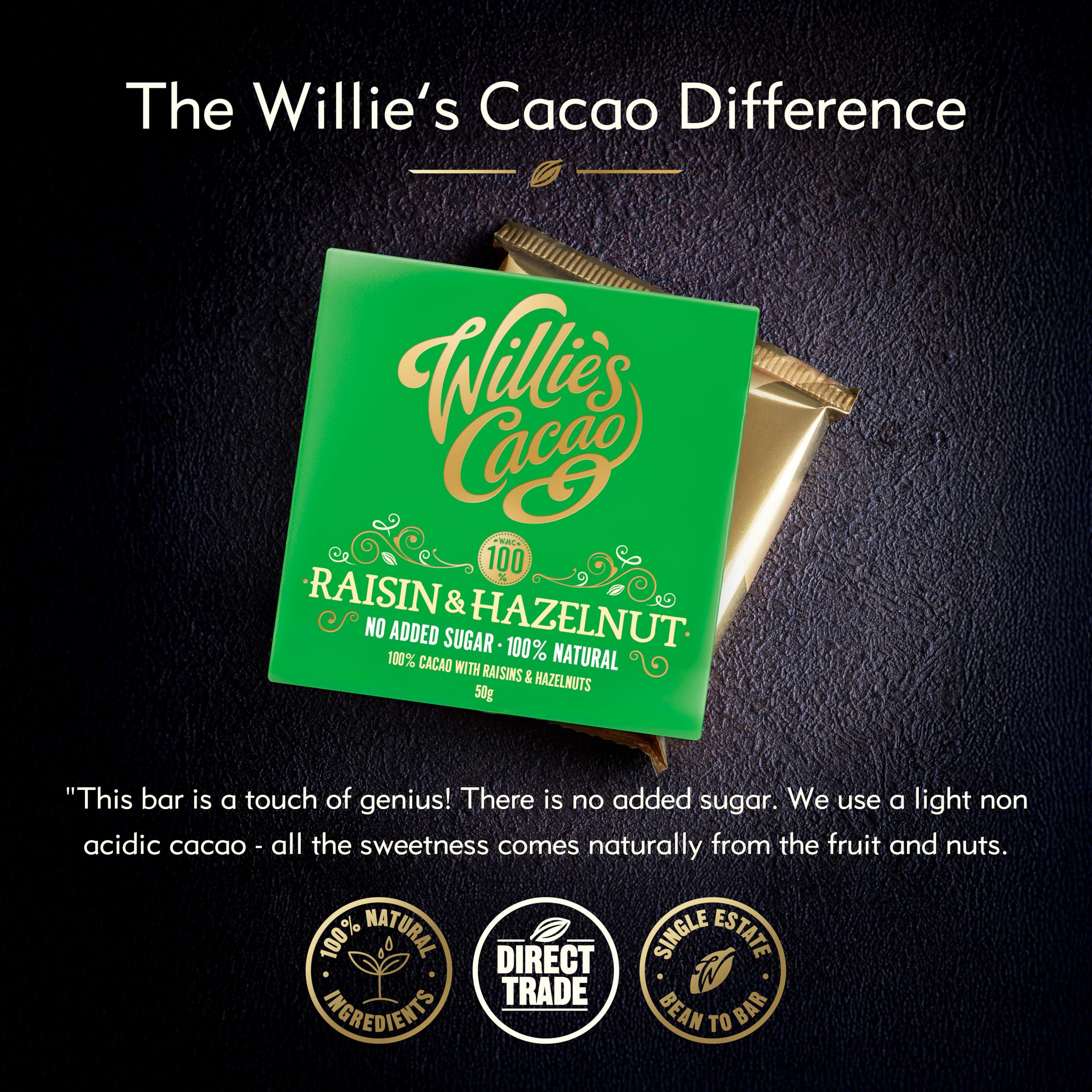 Willie's Cacao - 100% Cocoa with Hazelnut & Raisin - No Added Sugar Chocolate Bar 7