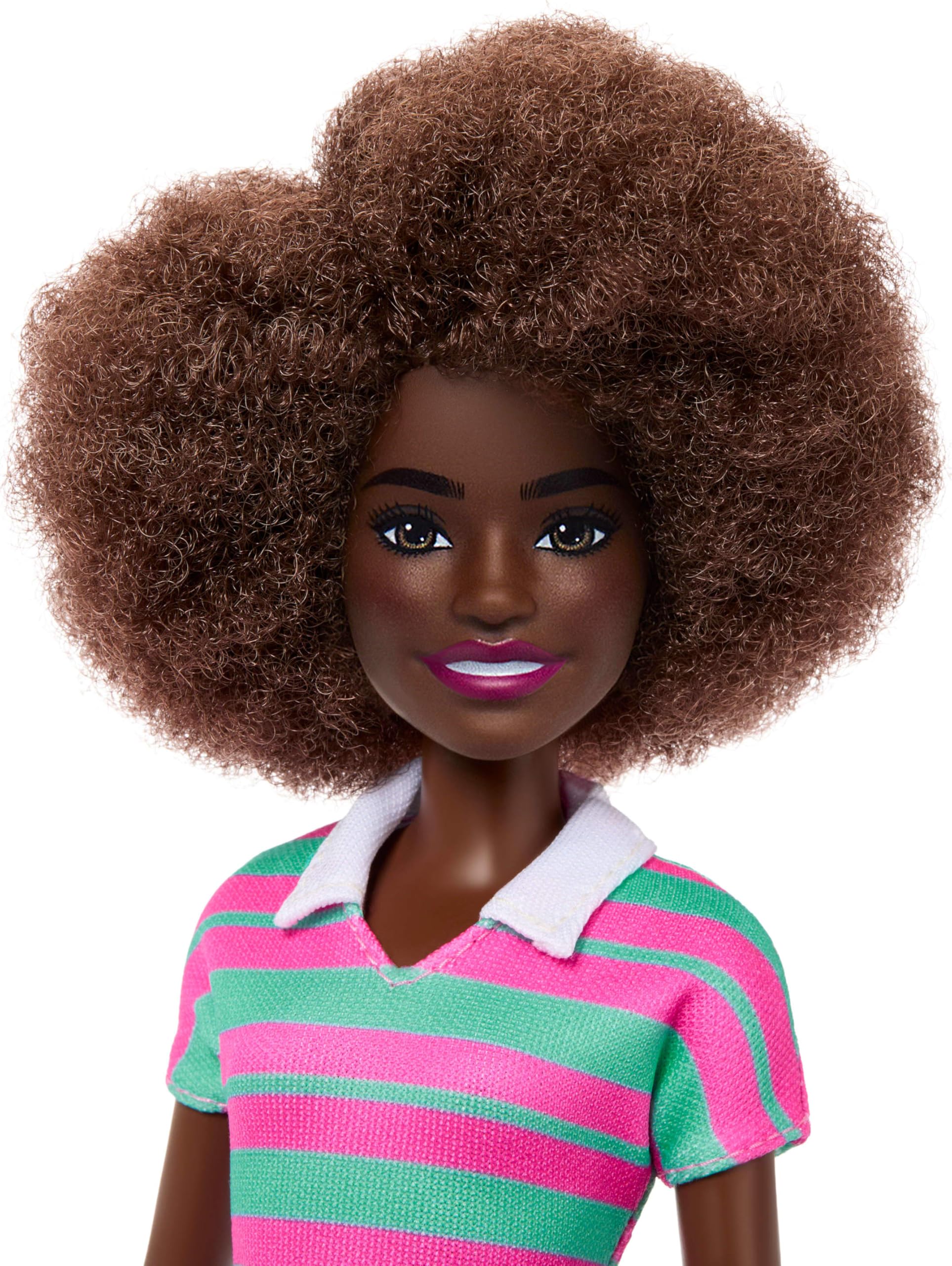 Barbie Fashionistas Doll #247 with Curly Black Hair, Pink and Green Striped Dress | 11.73 in 3