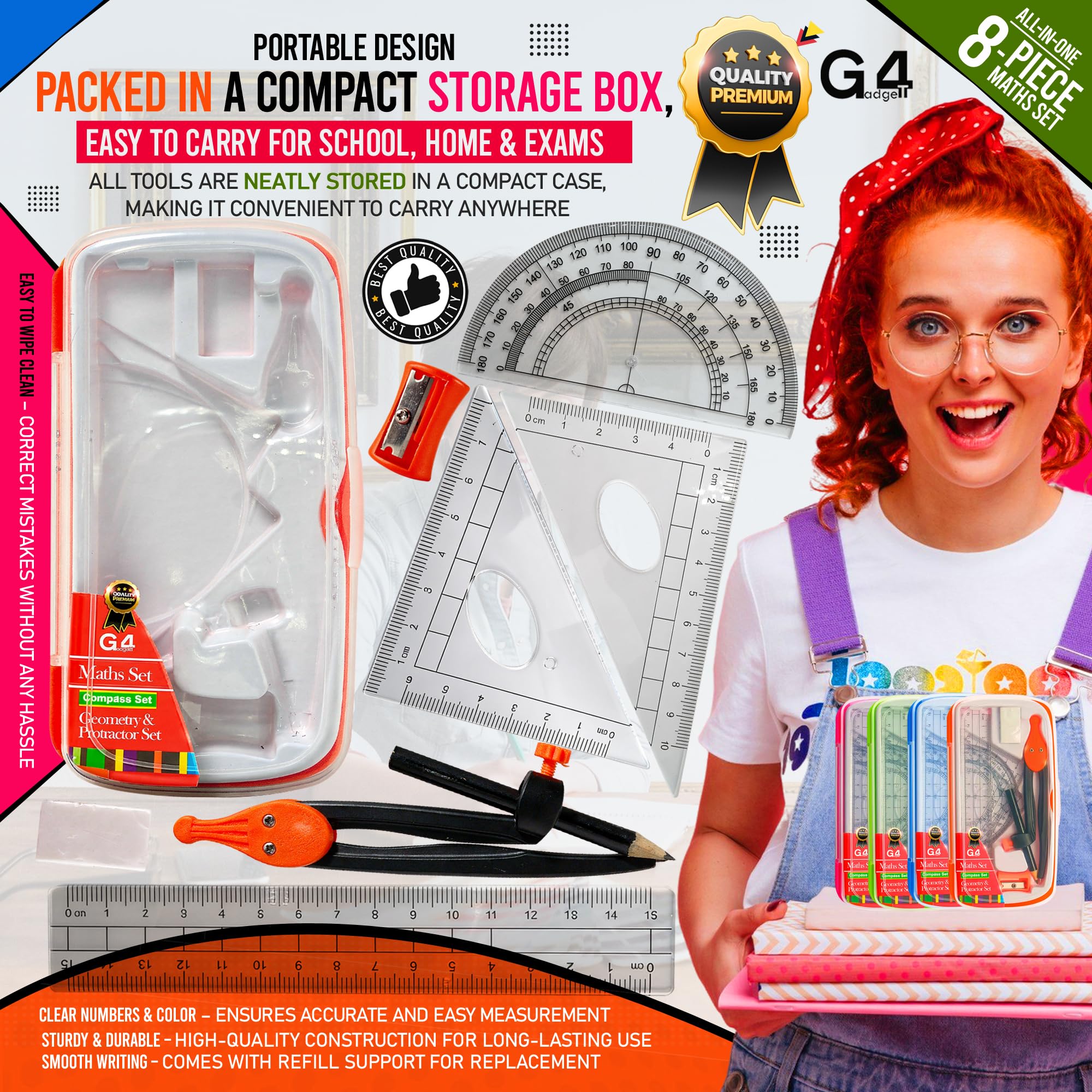 G4GADGET 8-Piece Maths Geometry Set – Compass, Protractor, Ruler, Pencil & Accessories 3