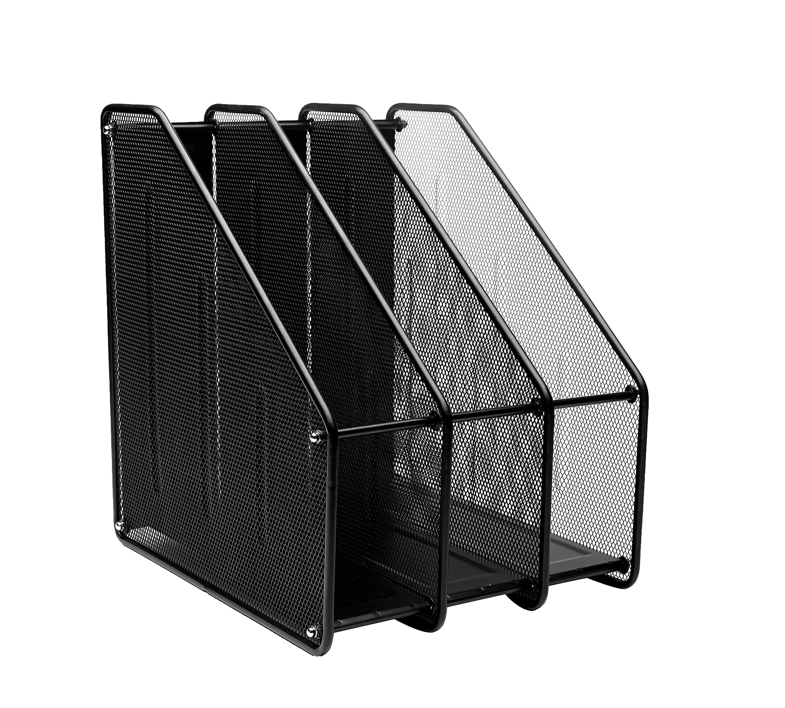 EXERZ Magazine Holder Triple Rack - 3 Compartments Vertical Mesh Metal for A4 Files | Black Iron 4